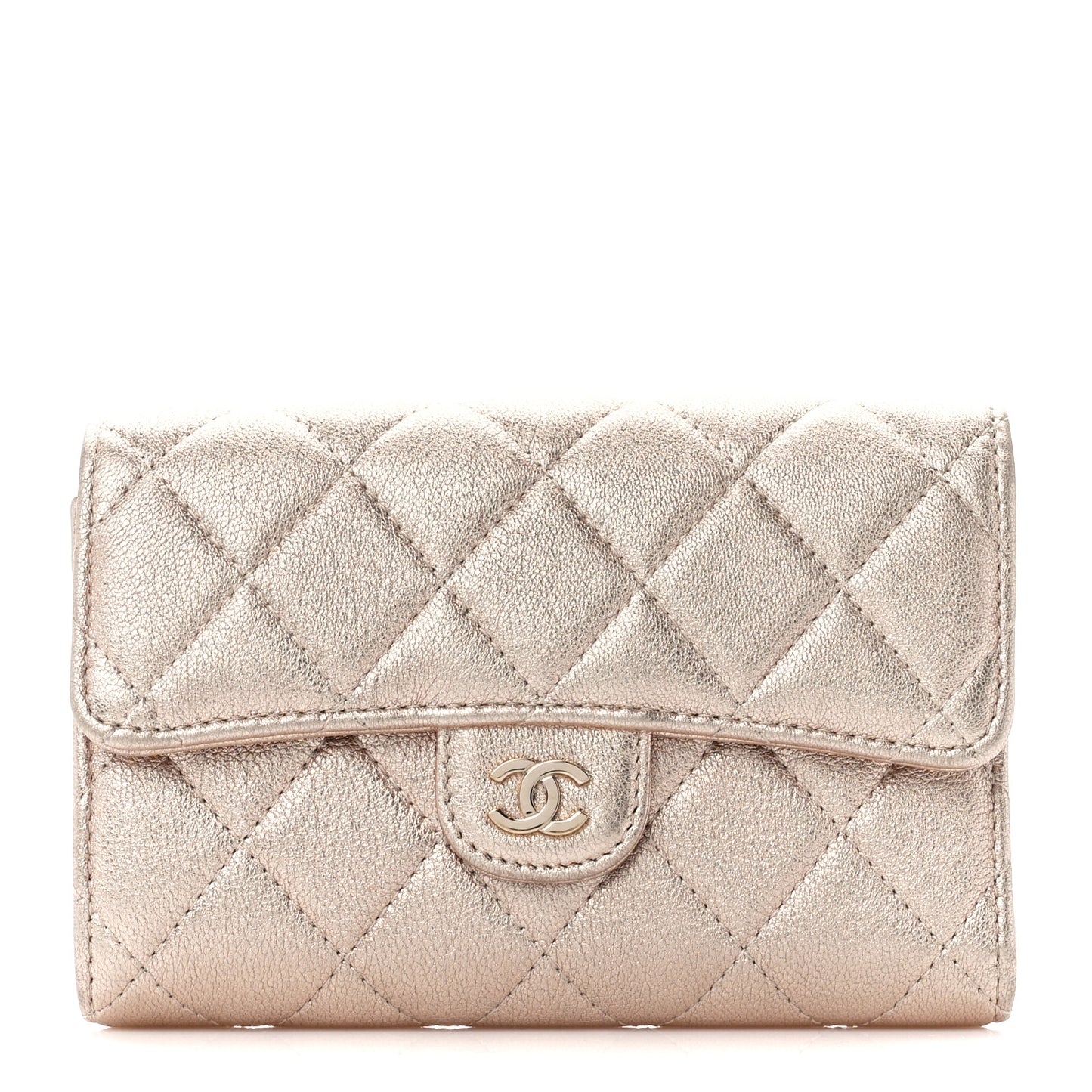 Metallic Lambskin Quilted Medium Flap Wallet Gold