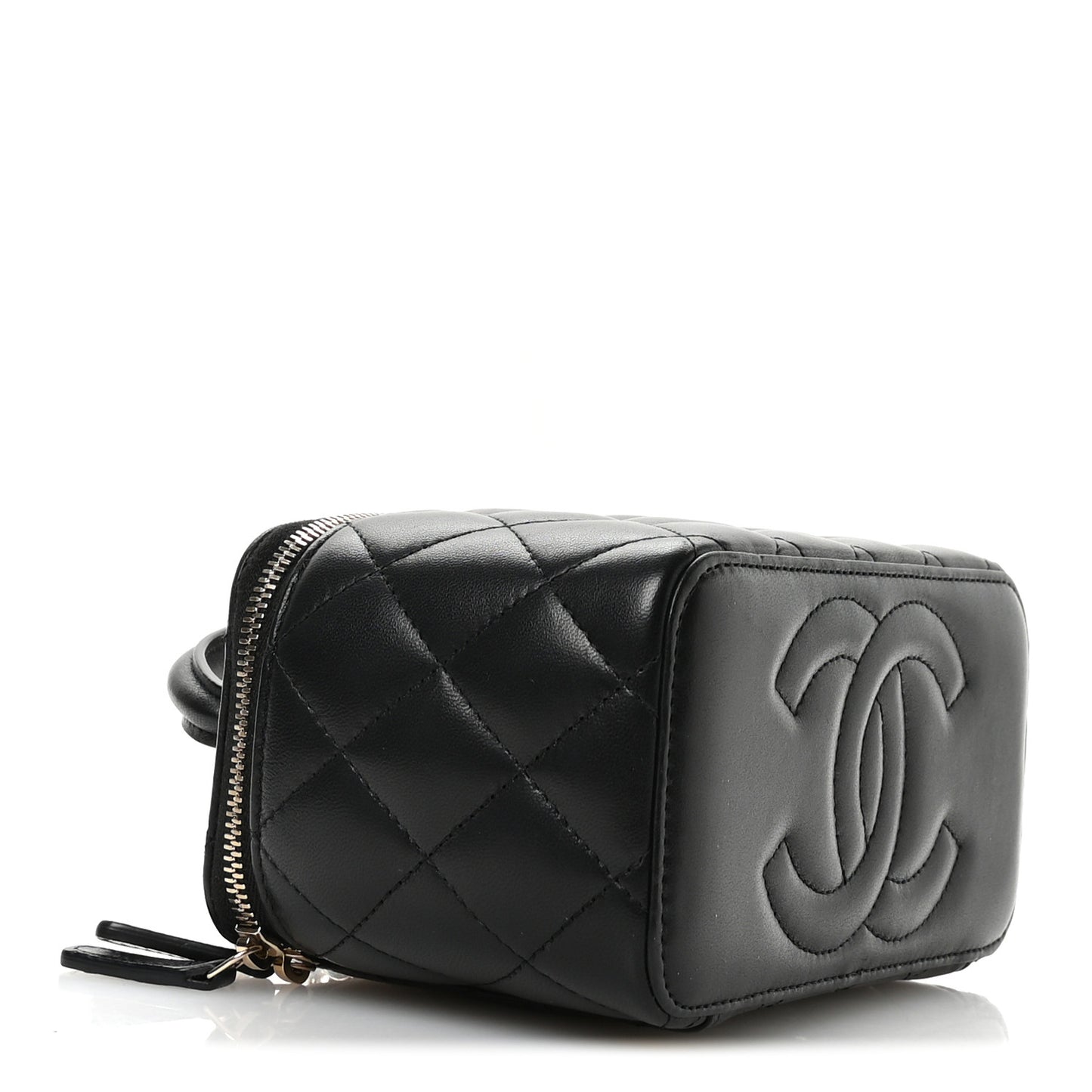 Lambskin Quilted Small Top Handle Vanity Case With Chain Black