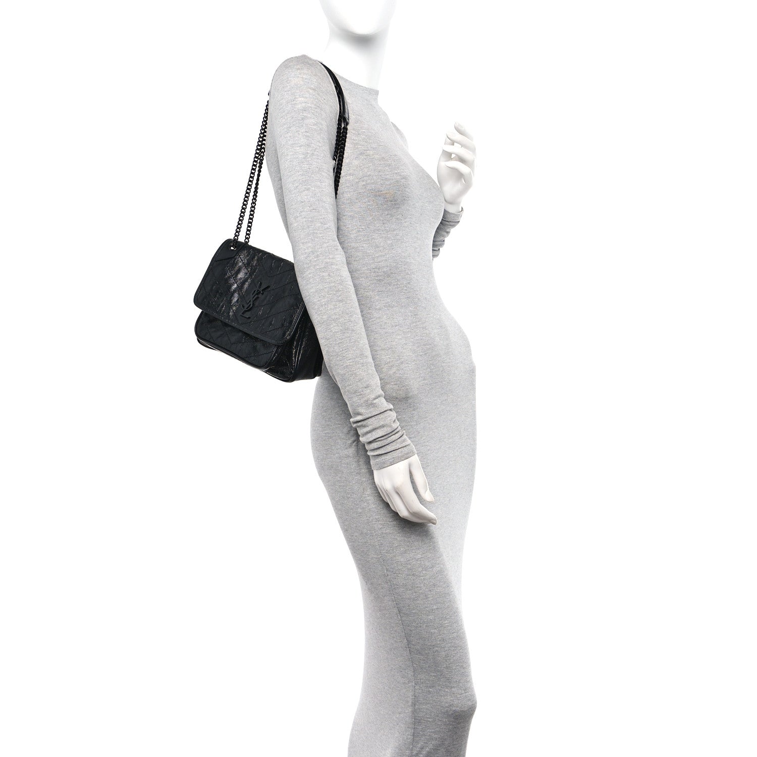 Saint Laurent Crinkled Calfskin Matelasse Monogram Baby Niki Chain Satchel Black 2 of 11