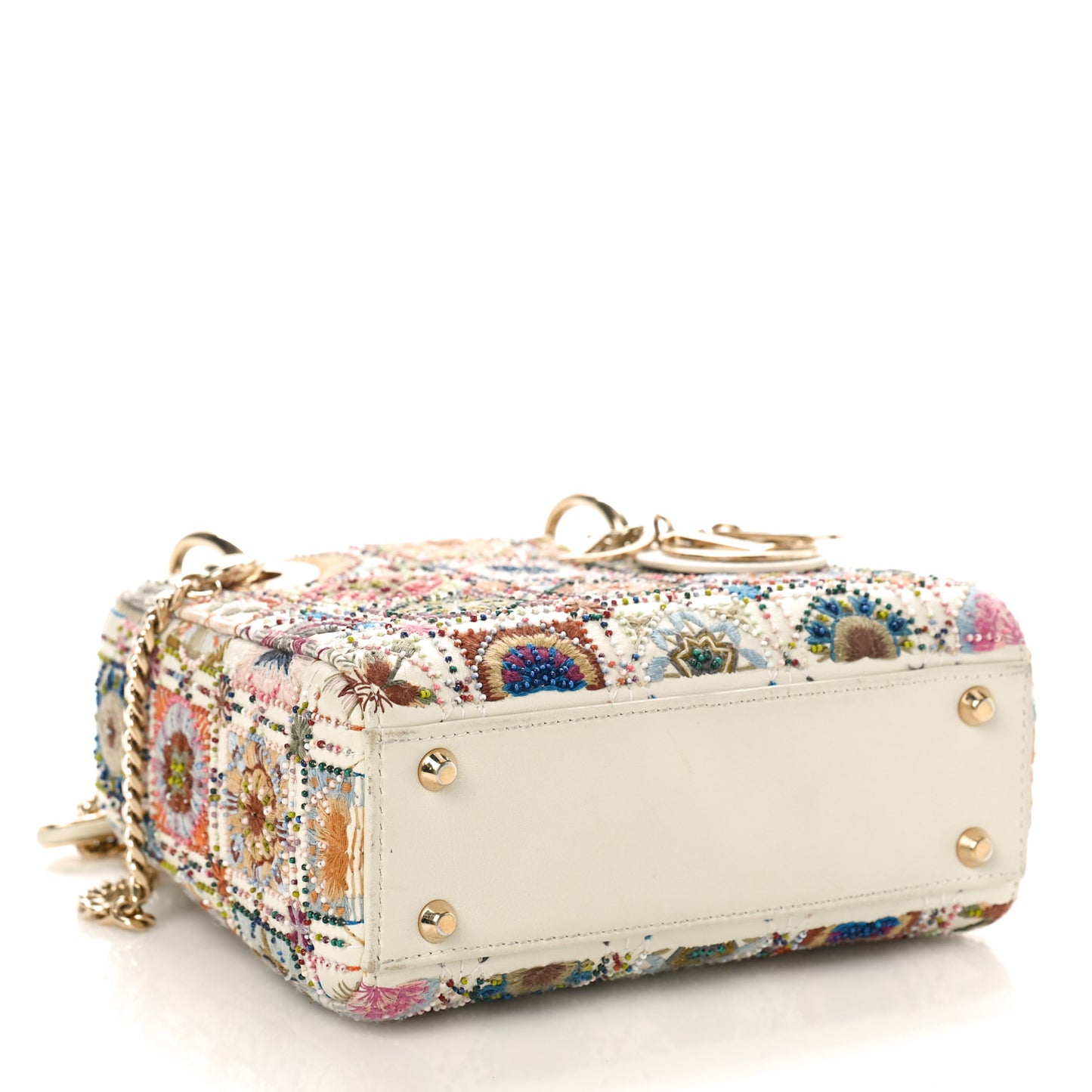 Calfskin Embroidered Beaded Geometric Cannage Mini Lady Dior White Multicolor