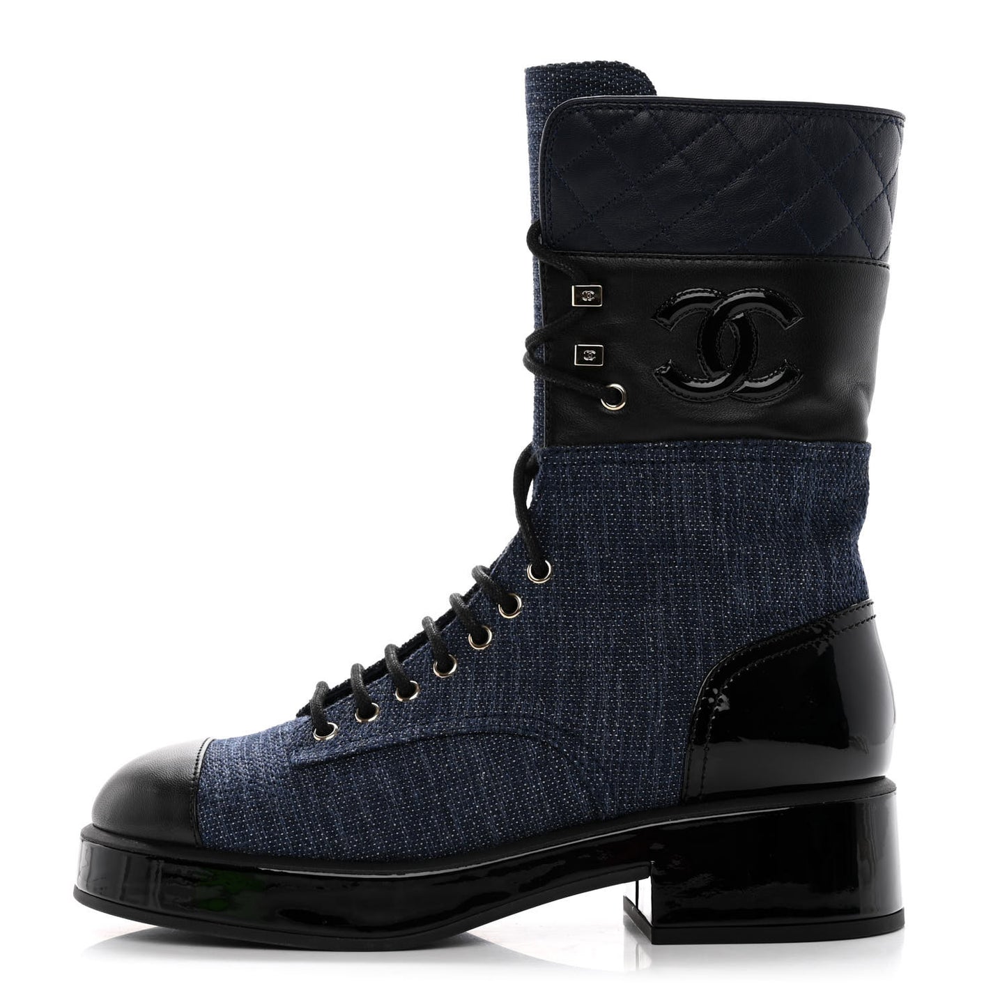 Denim Patent Lambskin Quilted CC Lace Up Combat Boots 39.5 Blue Black