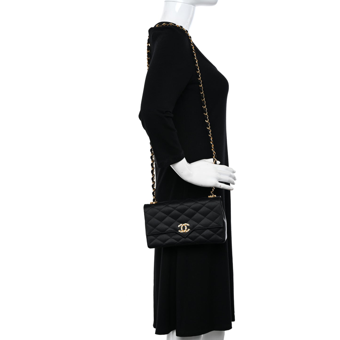 Satin Quilted Crystal CC Evening Flap Black