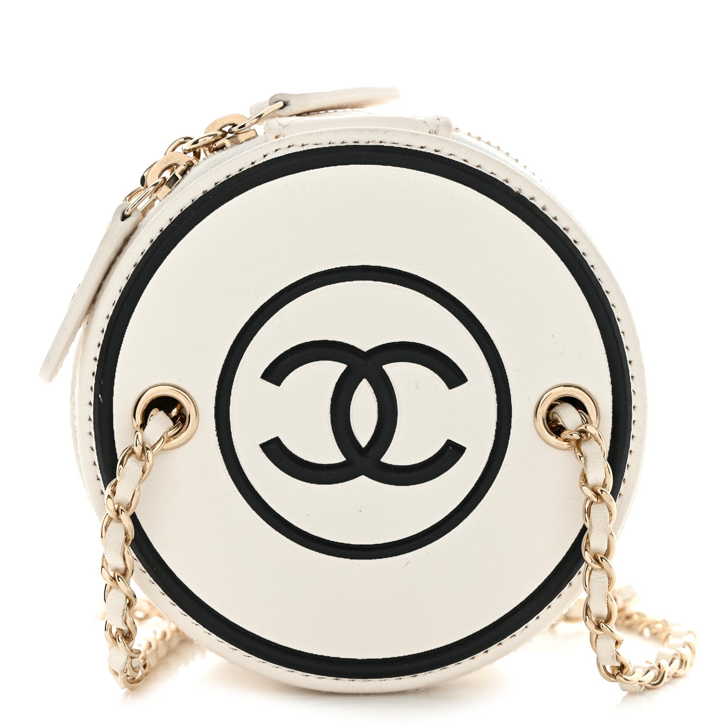 Lambskin Quilted Round Small Vanity Case With Chain White Black