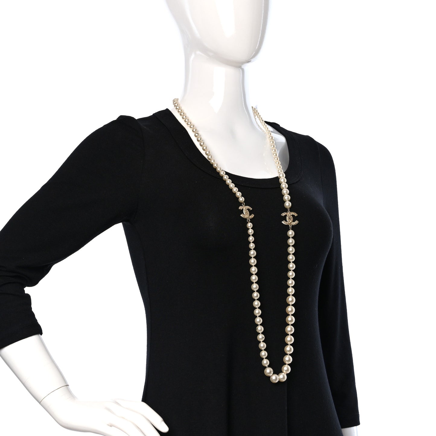 Pearl Baguette Crystal Long CC Necklace Gold