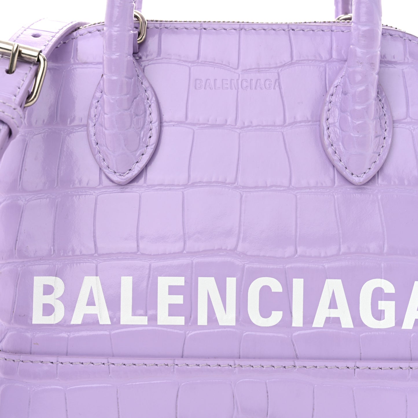 Shiny Calfskin Logo Crocodile Embossed XXS Ville Top Handle Bag Lilac White