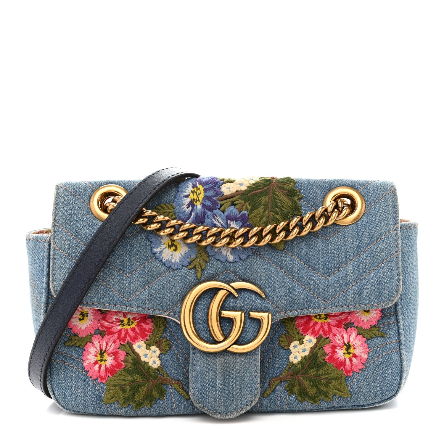 Gucci Denim Matelasse Floral Embroidered Mini GG Marmont Shoulder