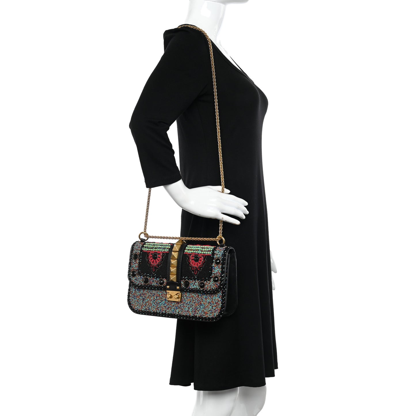 Vitello Beaded Medium Glam Lock Rockstud Flap Black