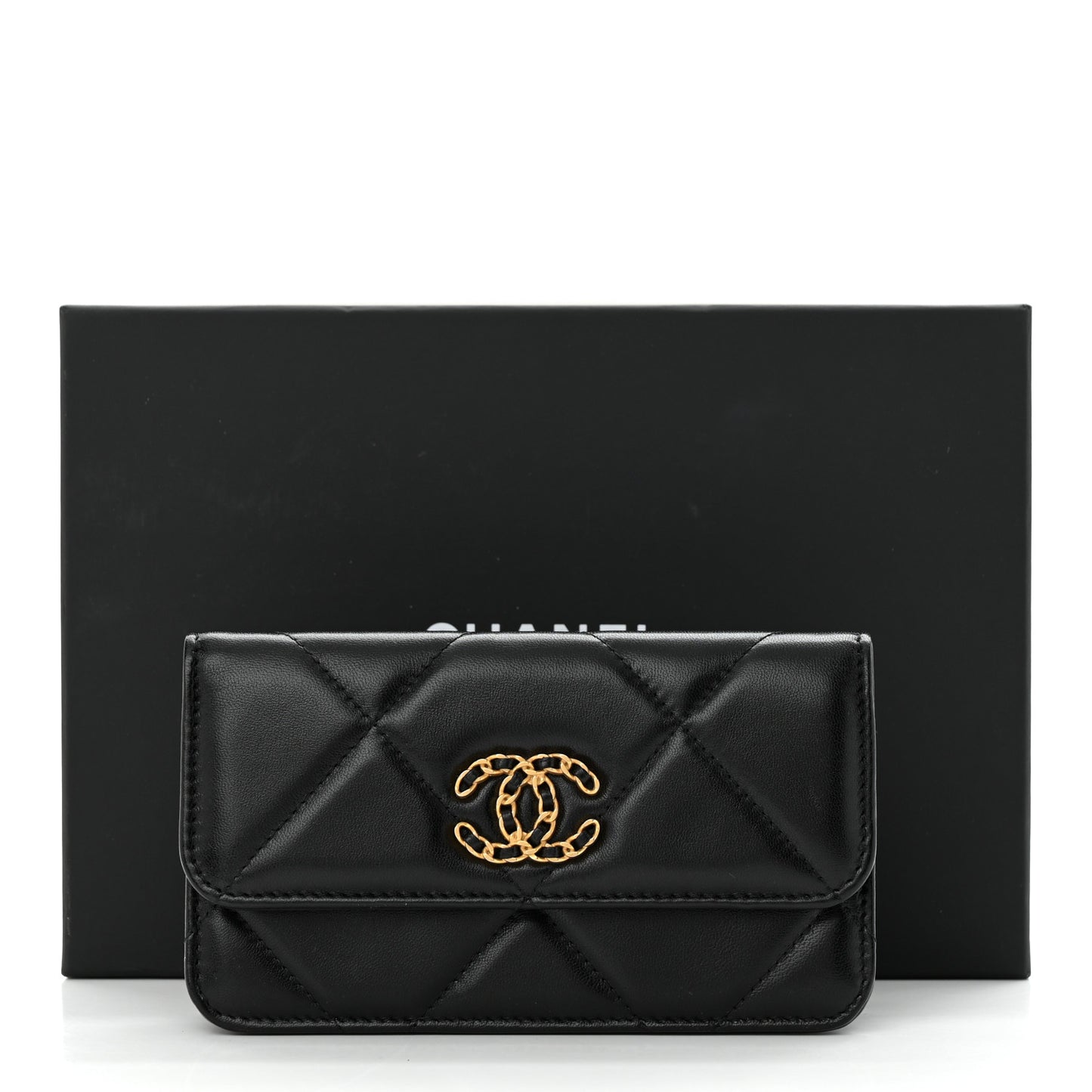 Lambskin Quilted Chanel 19 Belt Phone Holder Bag Black
