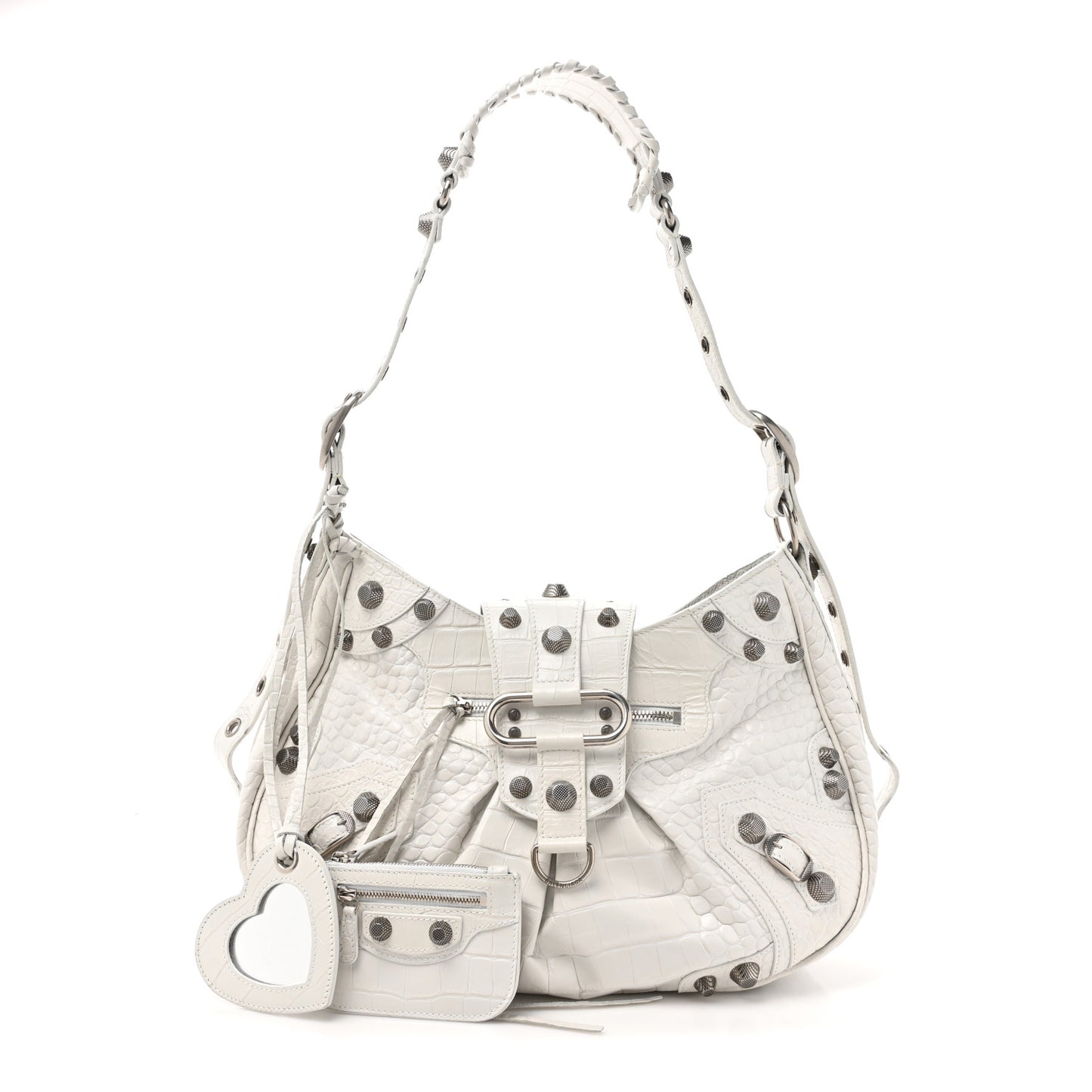Extra Supple Calfskin Crocodile Embossed Large Le Cagole Shoulder Bag White