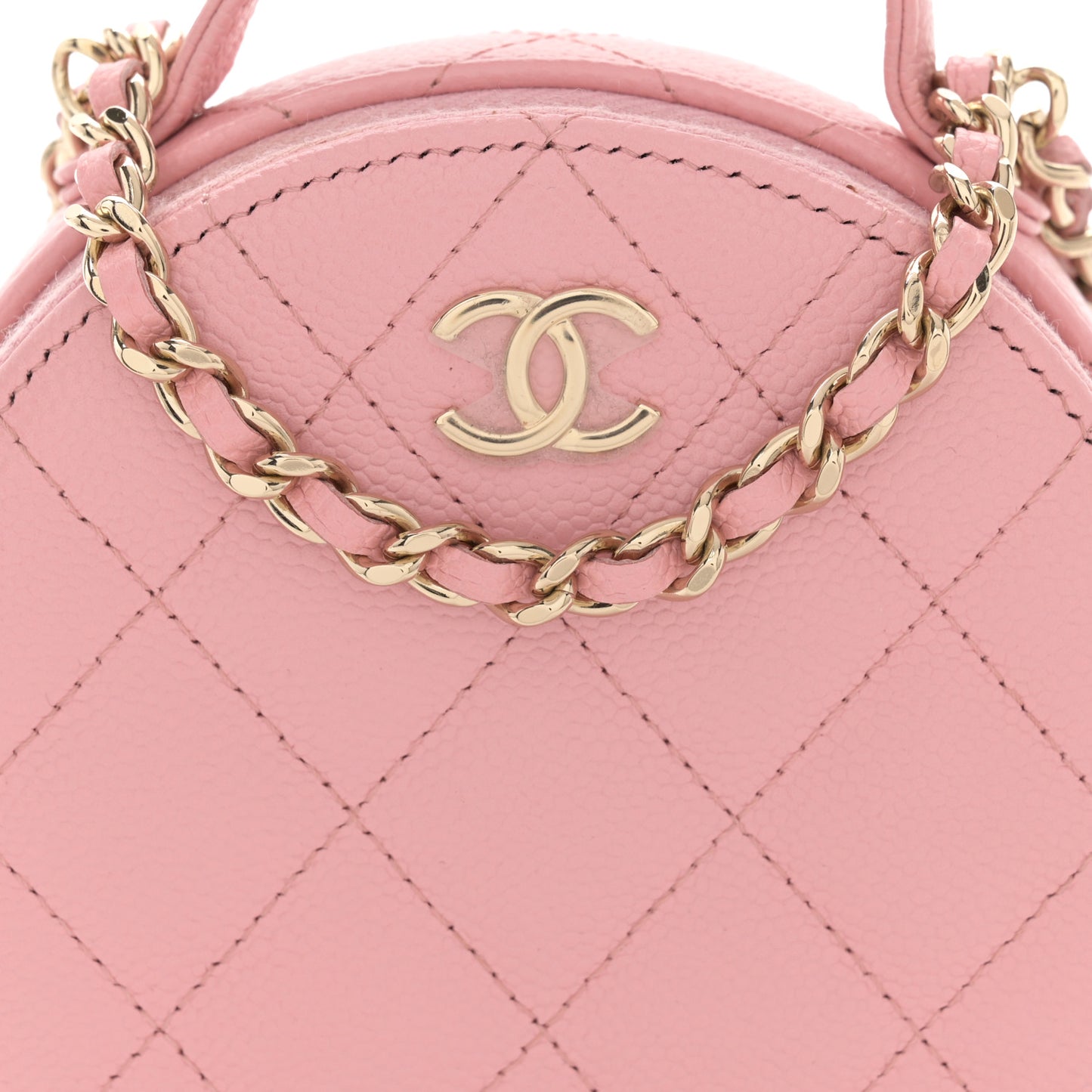 Caviar Quilted Round Handle With Care Vanity With Chain Pink