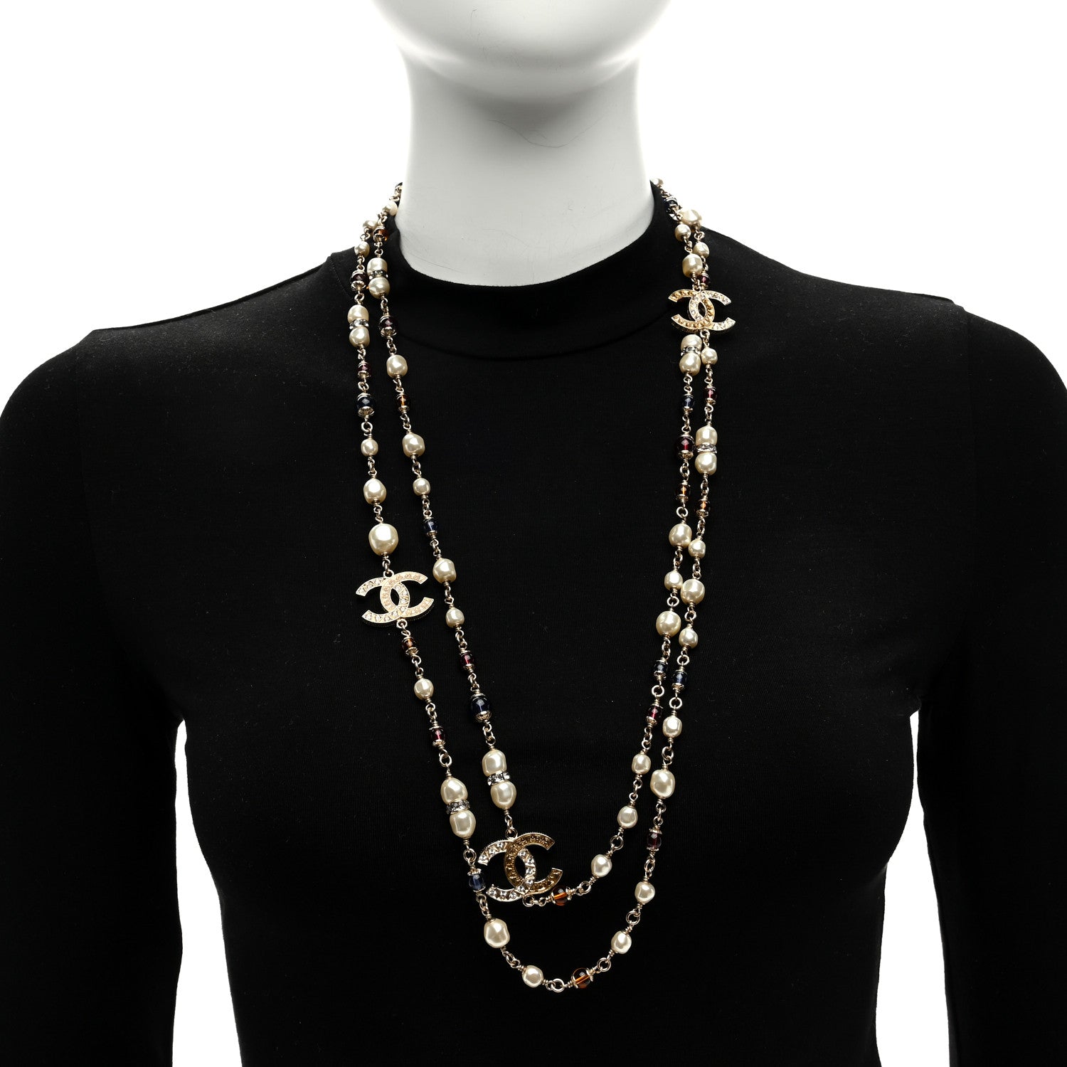 Chanel Pearl Crystal Resin CC Beaded Long Necklace Gold Pearly Gold Multicolor 2 of 4
