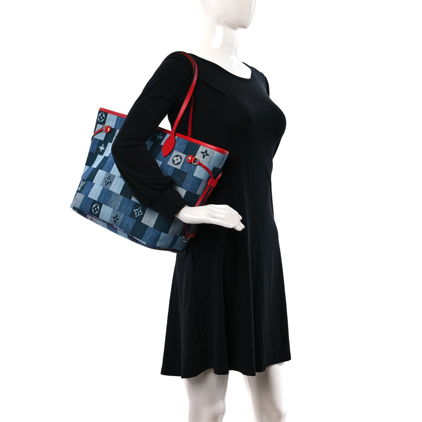 Denim Damier Monogram Patchwork Neverfull Blue Rouge