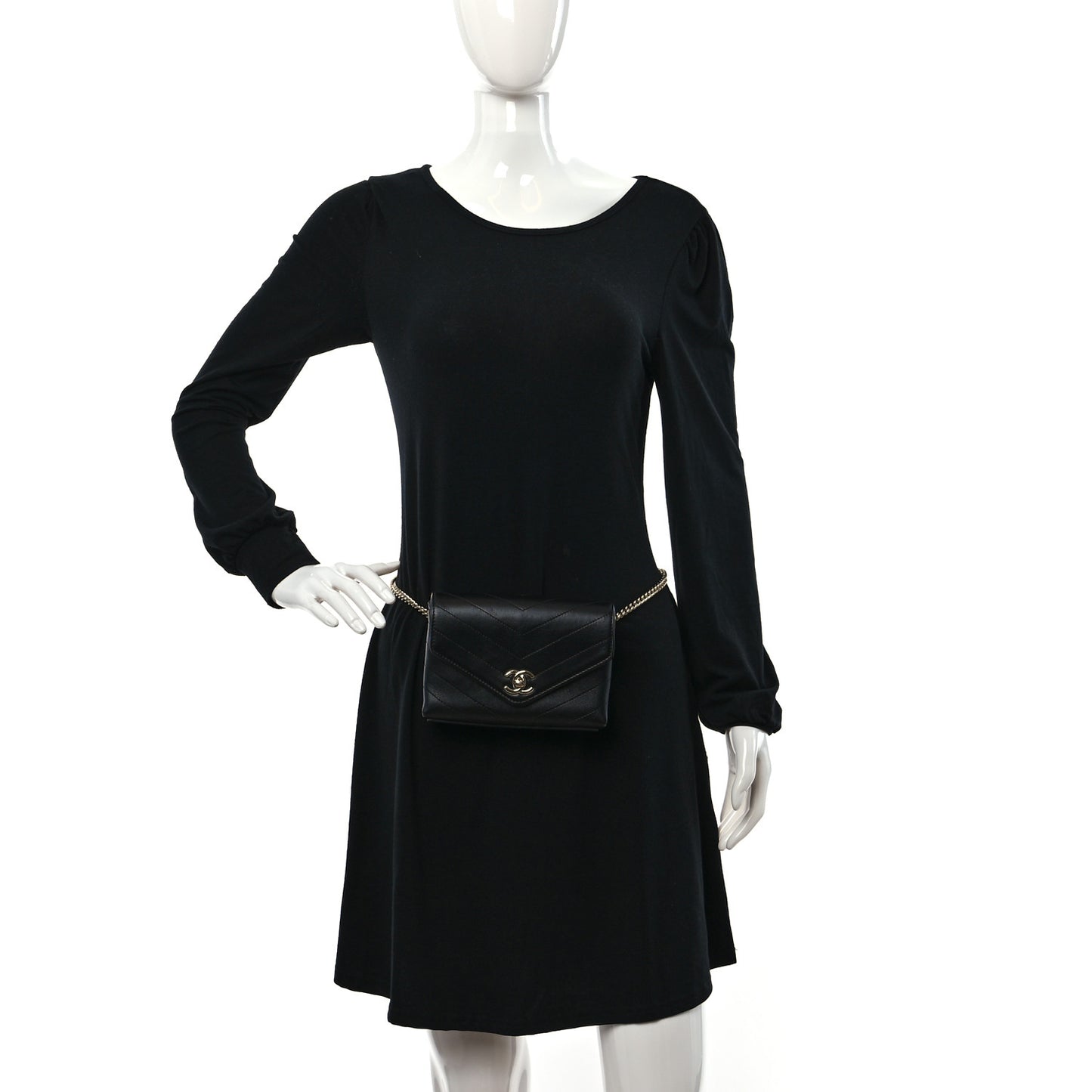 Calfskin Chevron Stitched Coco Waist Bag Black