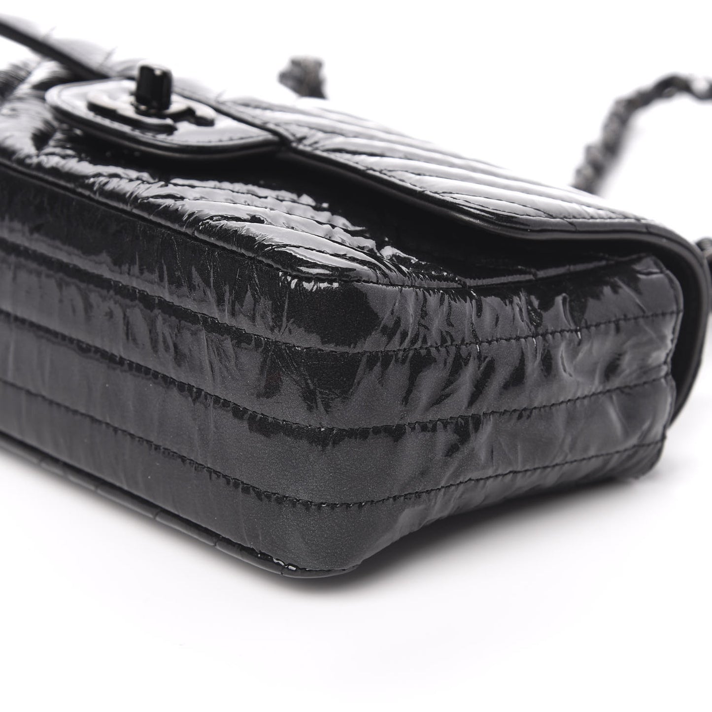 Patent Metallic Crumpled Calfskin Chevron Quilted Mini Rectangular Flap So Black