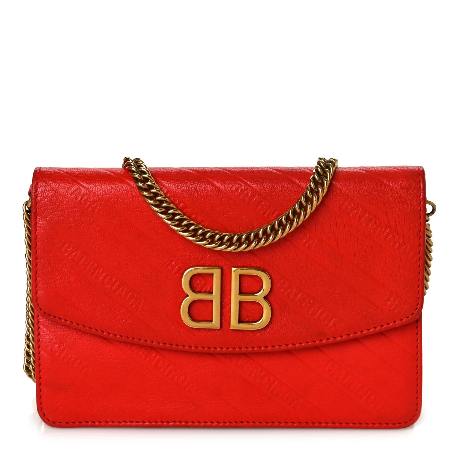 Shiny Goatskin Logo Embossed BB Wallet On Chain Vivid Red