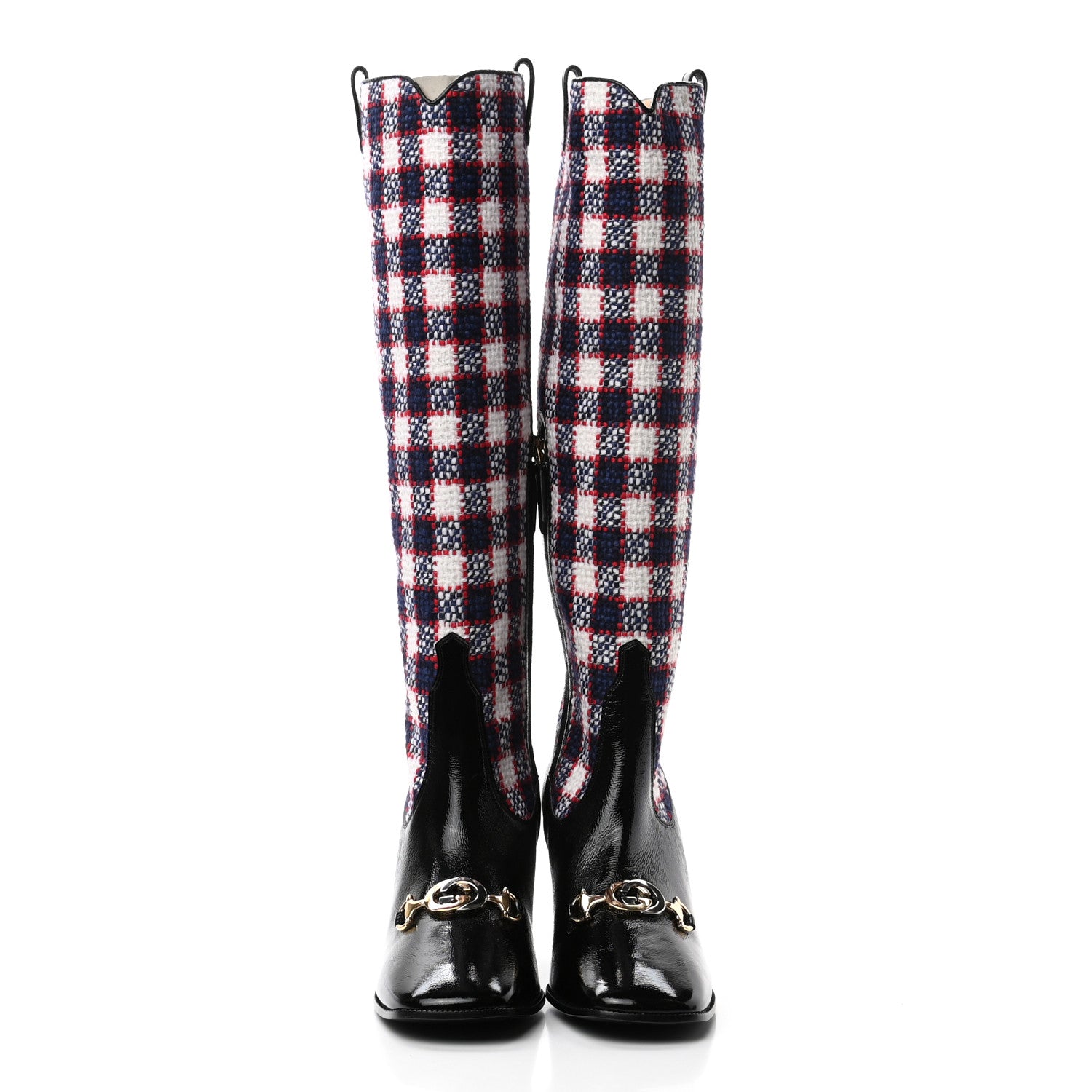Gucci Tweed Naplack Check Zumi Knee Boots 39.5 White Hibiscus Red Maritime Black 2 of 8