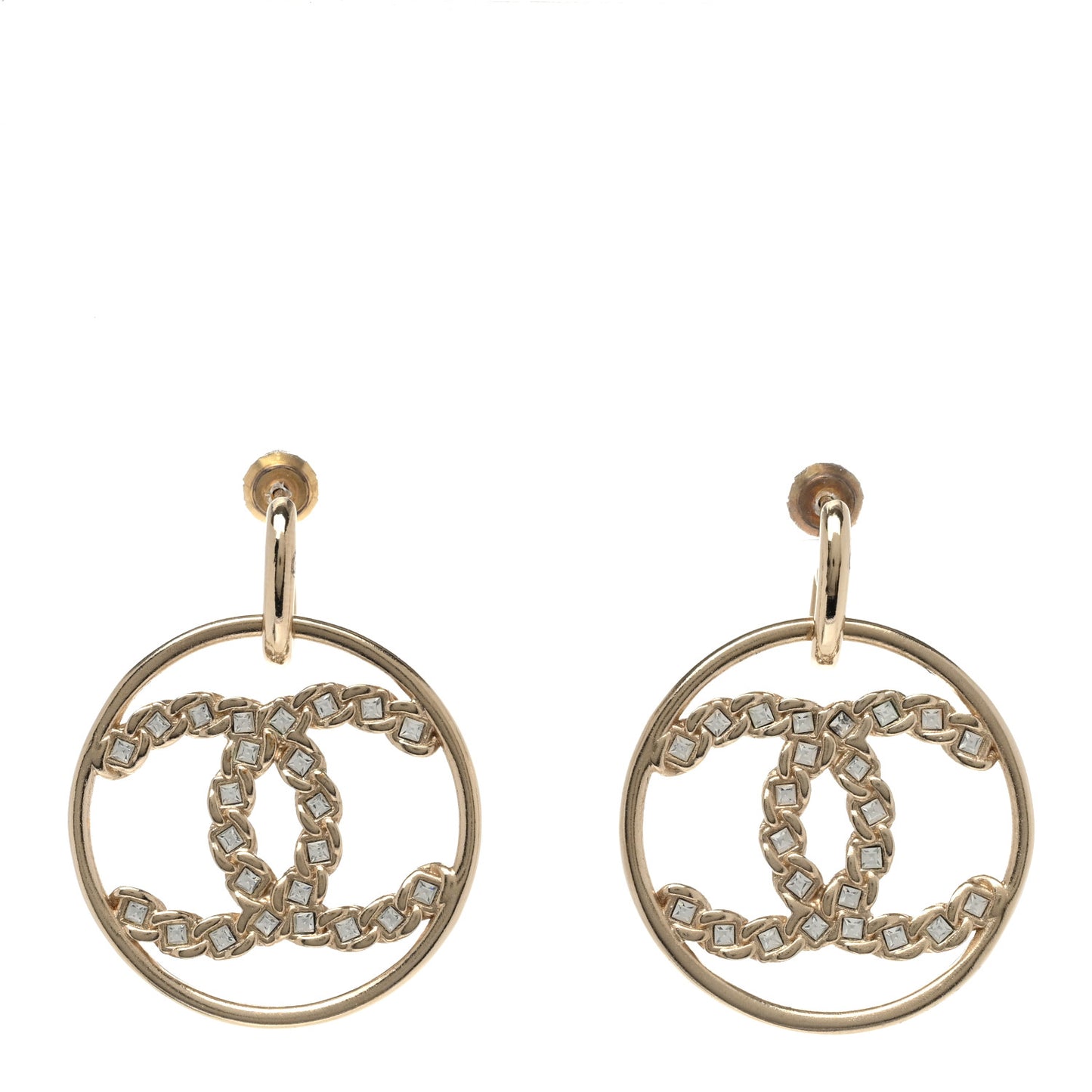 Baguette Crystal Round CC Drop Earrings Gold