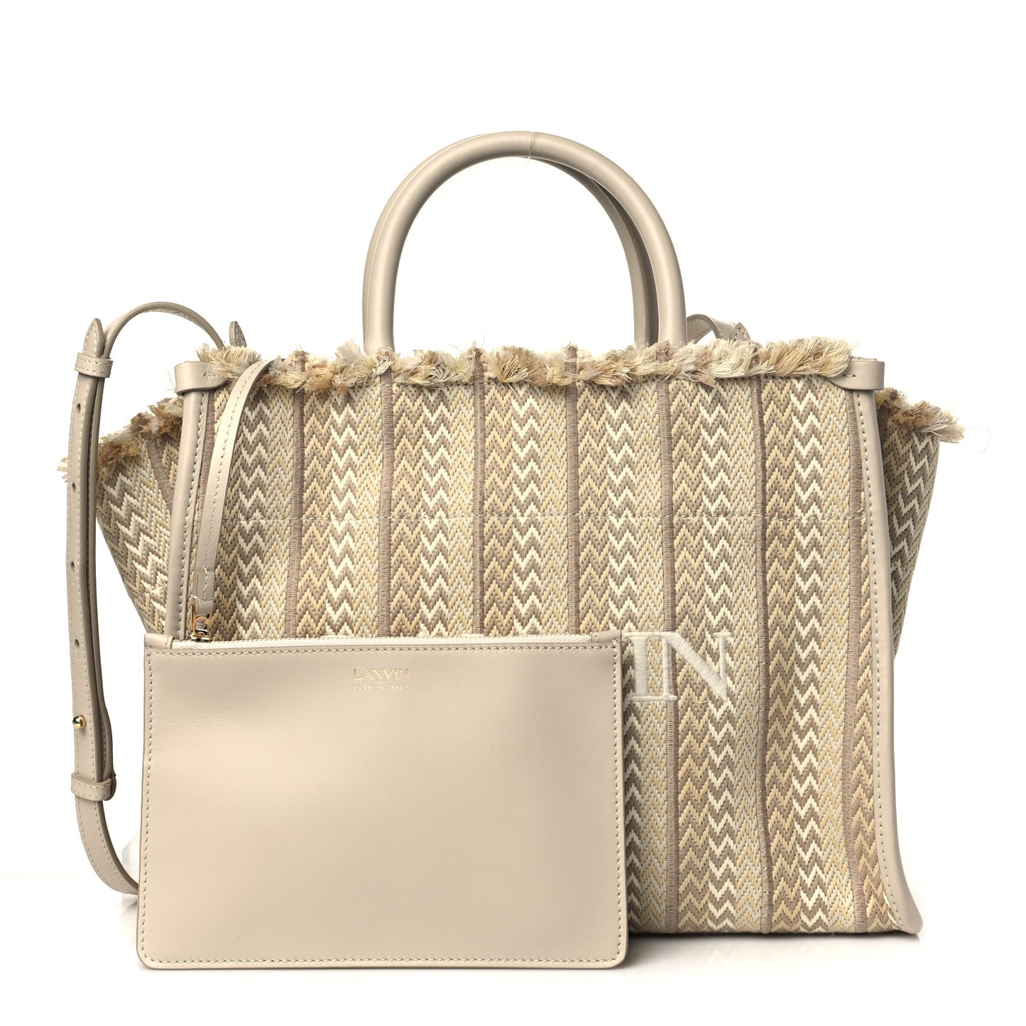 Calfskin Canvas Woven Chevron In & Out Tote PM Beige