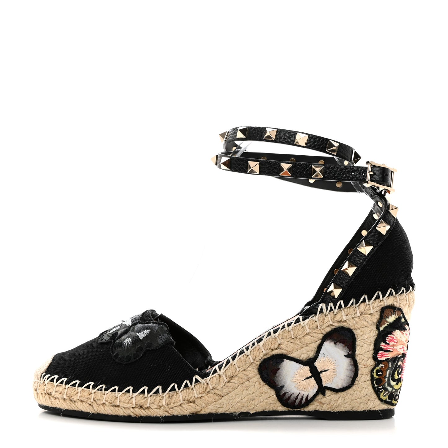 Canvas Butterfly Embroidered Rockstud Ankle Strap Espadrille 15/85mm Wedge Sandals 41 Black