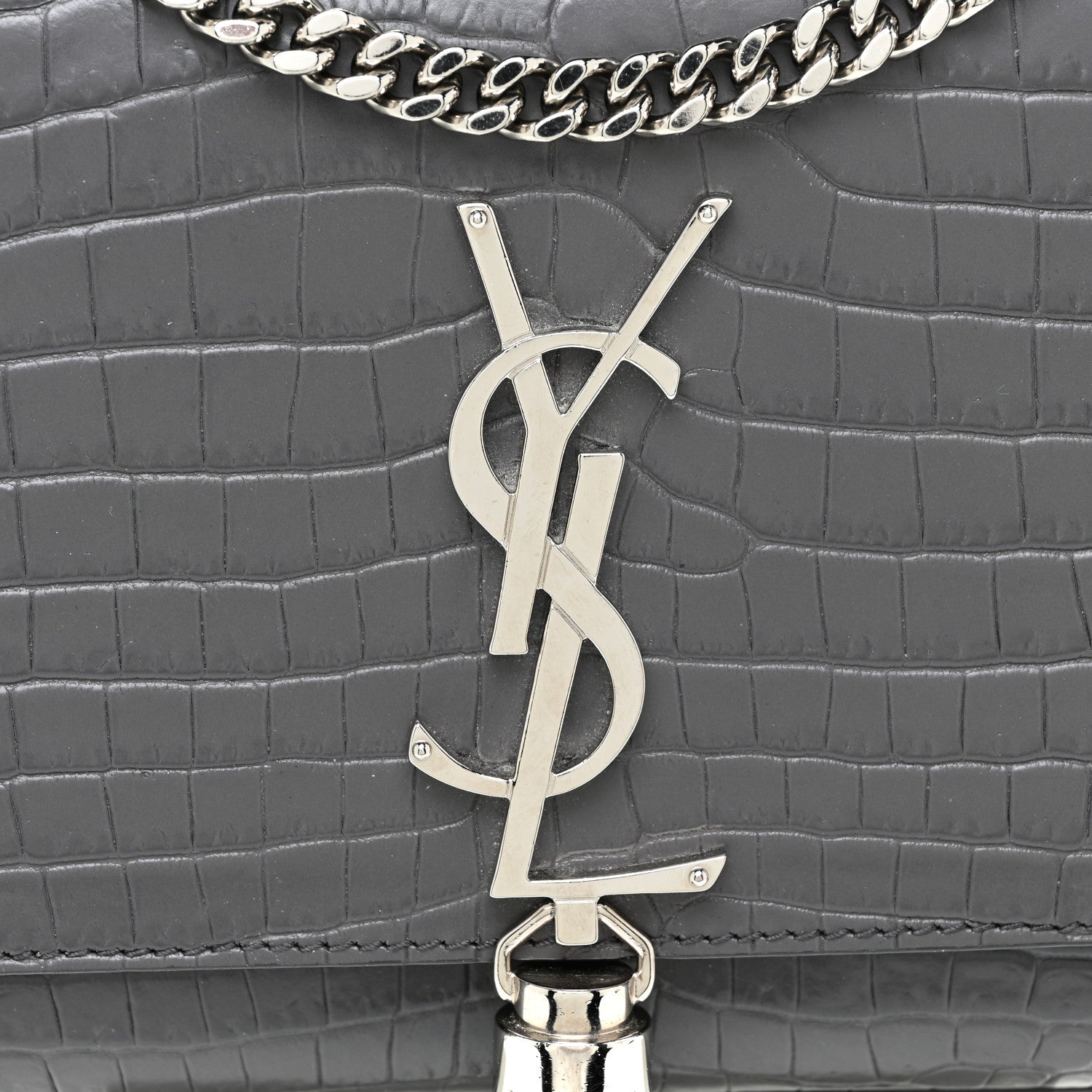 Saint Laurent Calfskin Crocodile Embossed Medium Classic Monogram Kate Tassel Satchel Dark Grey 6 of 11