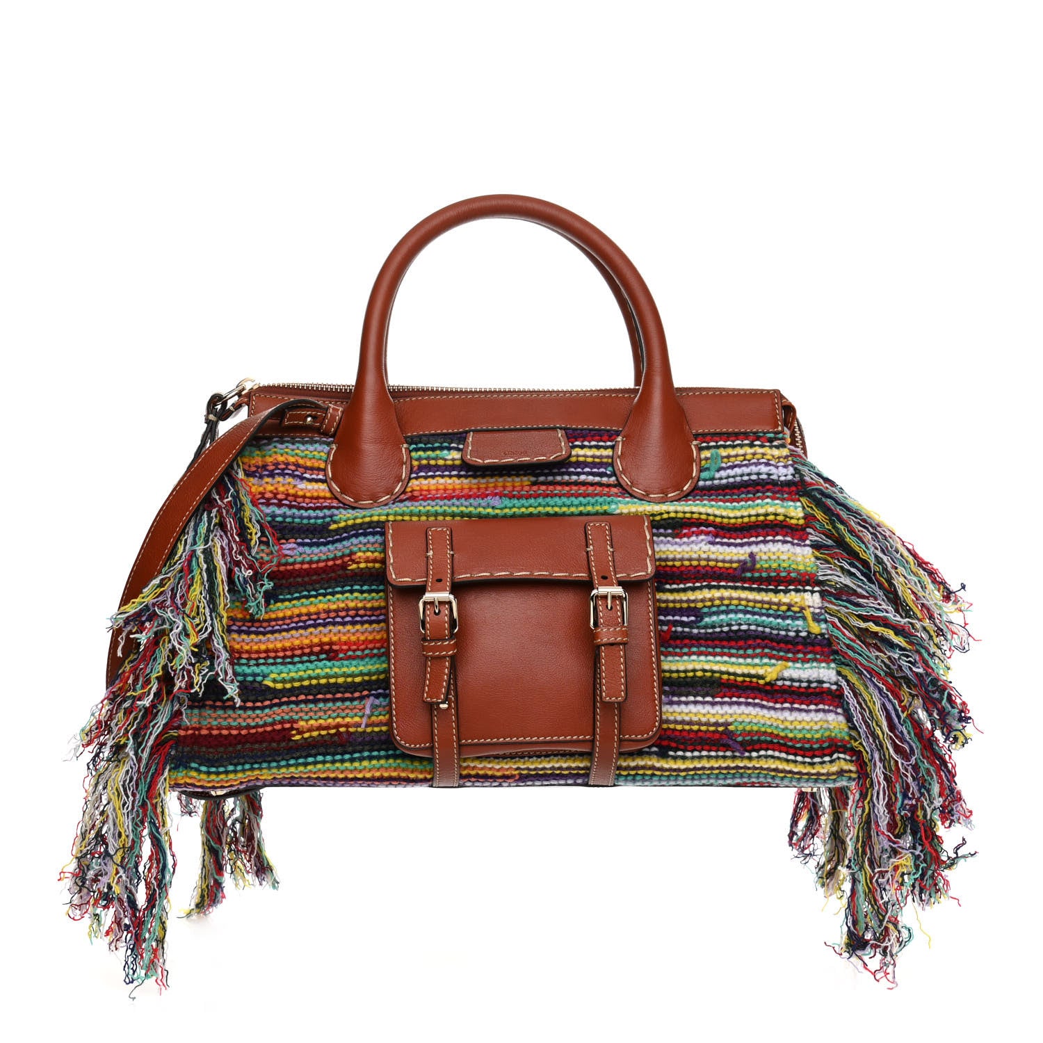 Chloe Calfskin Cashmere Knit Fringe Medium Edith Tote Multicolor