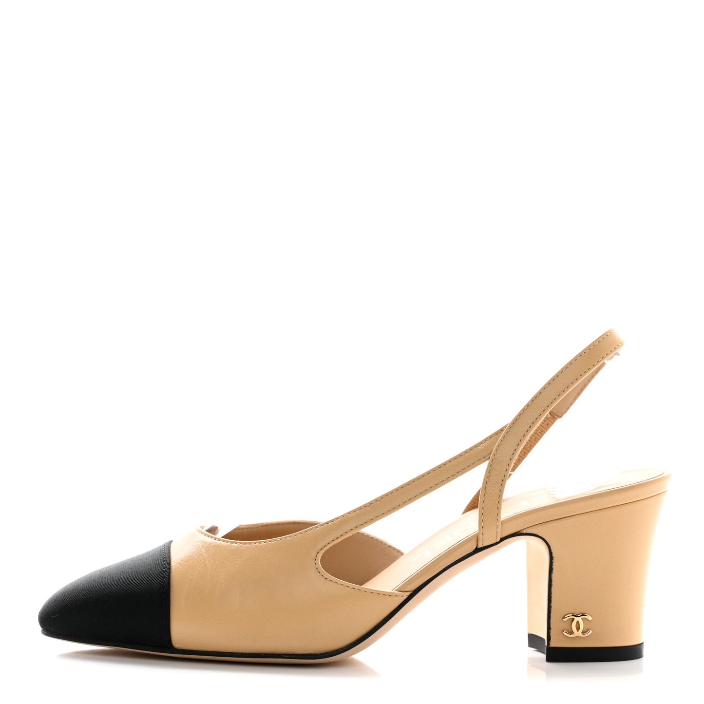 Goatskin Grosgrain Cap Toe CC Slingback Pumps 35 Beige Black