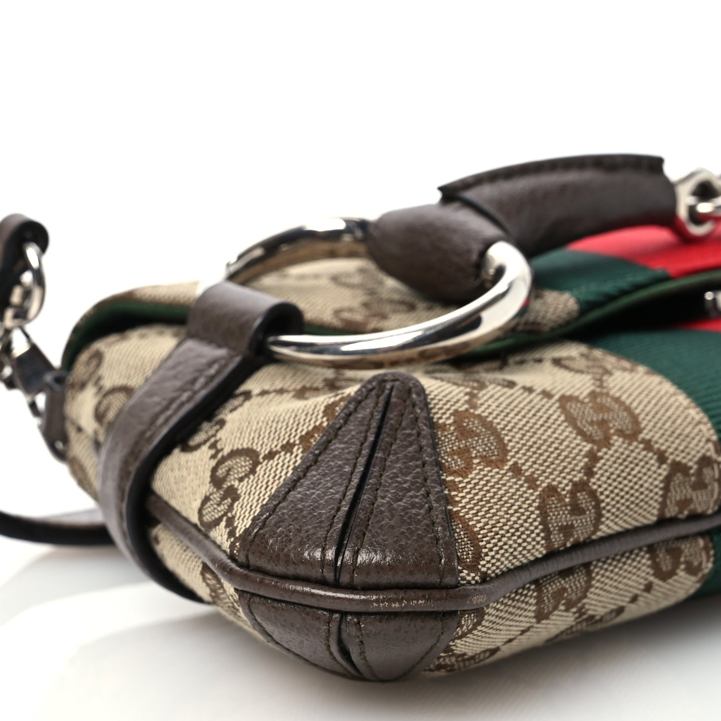Monogram Textured Dollar Calfskin Heavy Grosgrain Web Small Maxi Horsebit Chain Shoulder Bag Beige Ebony New Acero