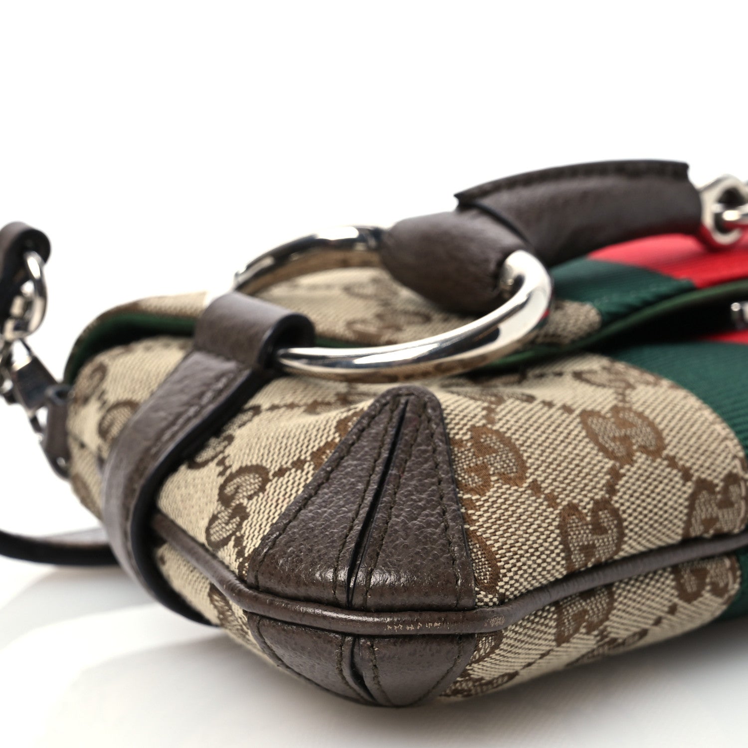 Gucci Monogram Textured Dollar Calfskin Heavy Grosgrain Web Small Maxi Horsebit Chain Shoulder Bag Beige Ebony New Acero 9 of 15