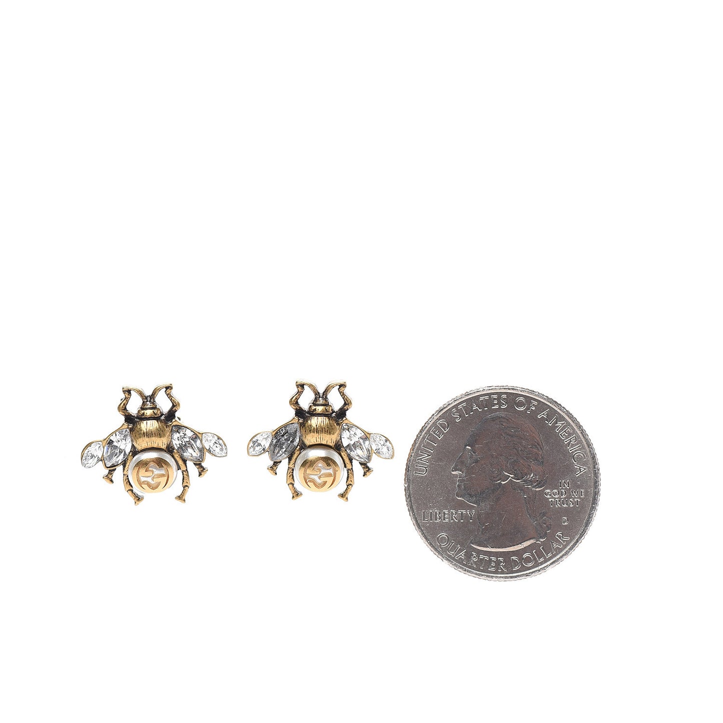 Crystal Pearl GG Bee Earrings Gold