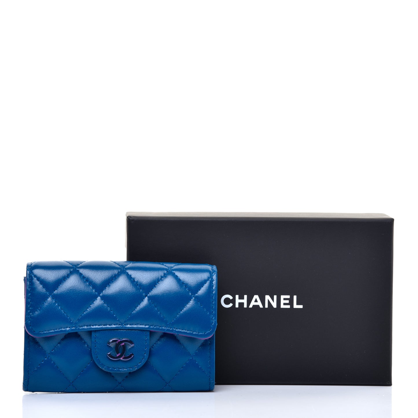 Lambskin Quilted Flap Card Holder Wallet Blue Pink
