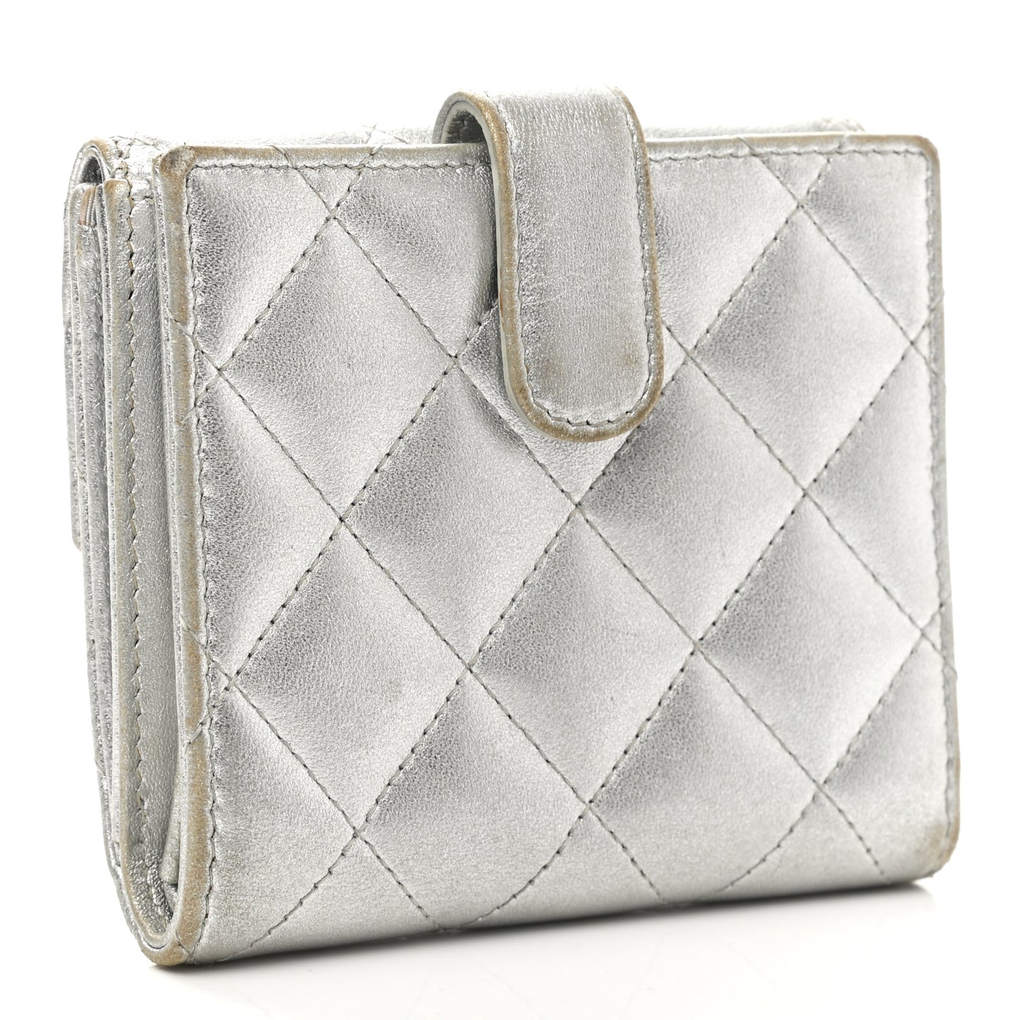 Metallic Lambskin Quilted Compact French Flap Wallet Silver