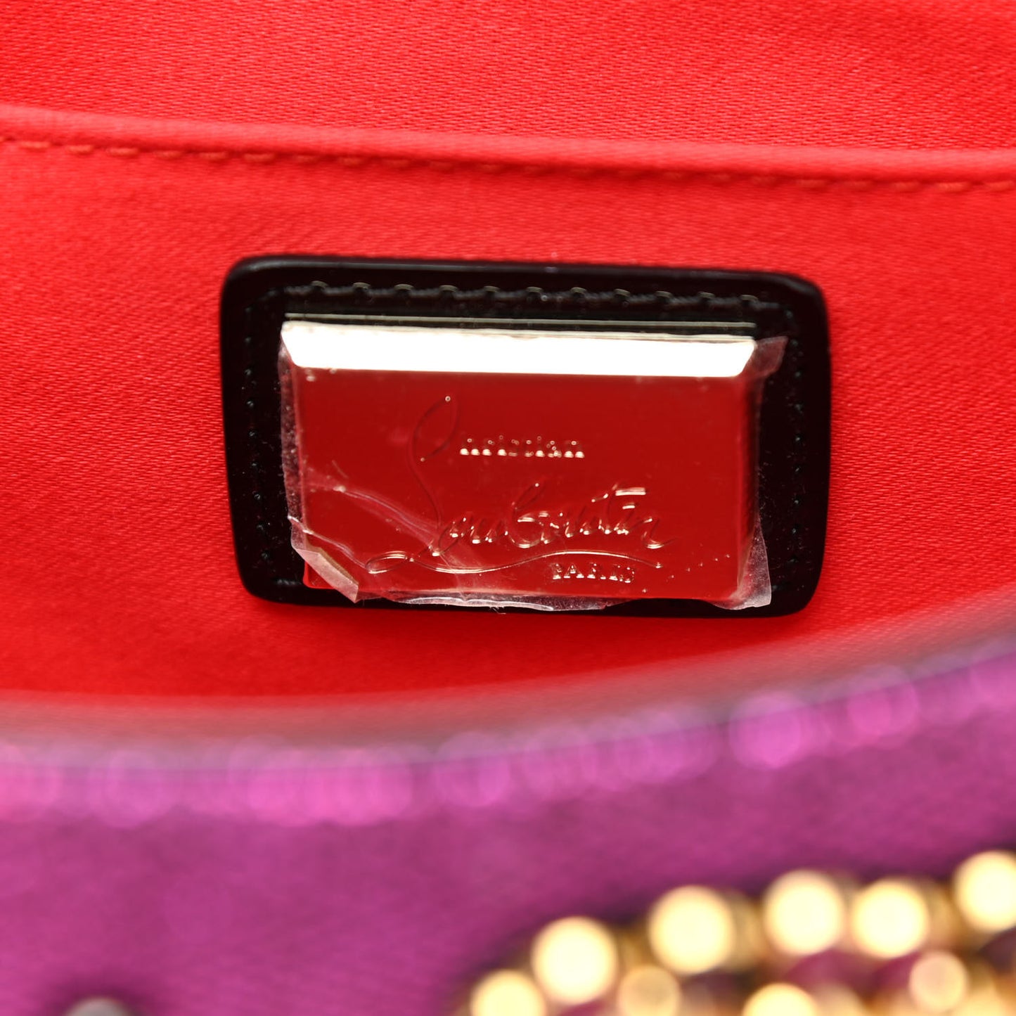 Metallic Raffia Studded Loubiposh Chain Clutch Magenta
