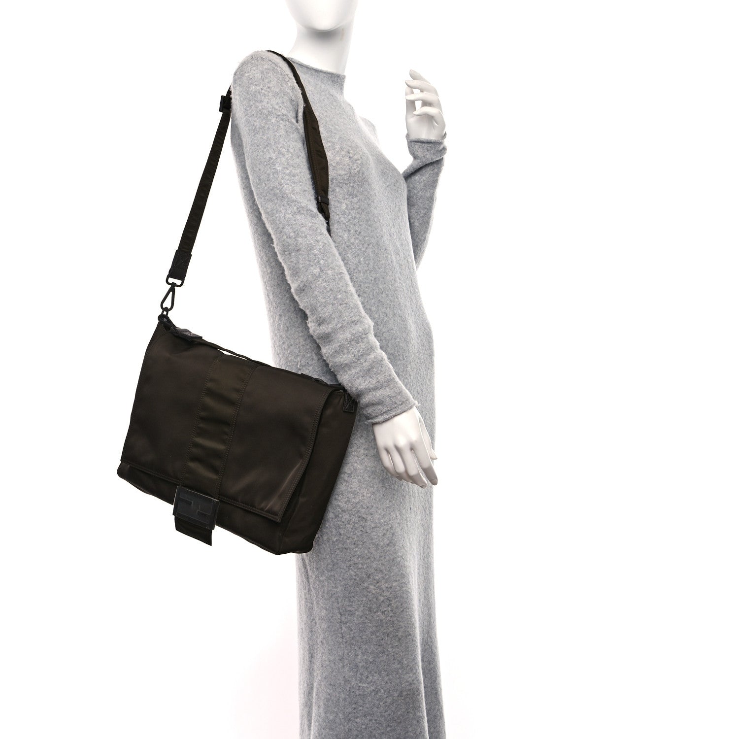 Fendi Econyl Nylon Cuoio Romano Monochrome Large Baguette Messenger Bag Ebano 2 of 12