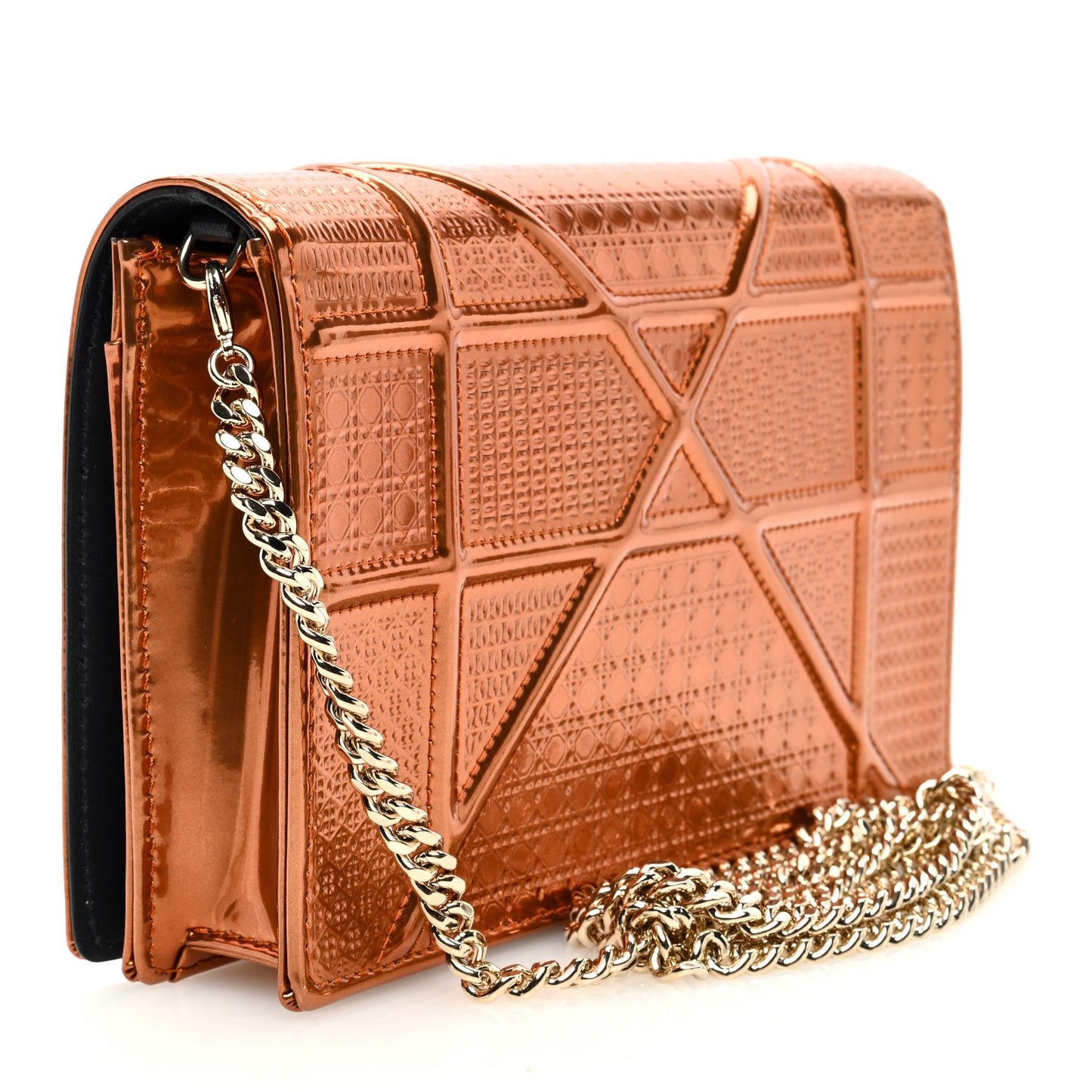Metallic Patent Micro-Cannage Diorama Wallet on Chain Pouch Orange