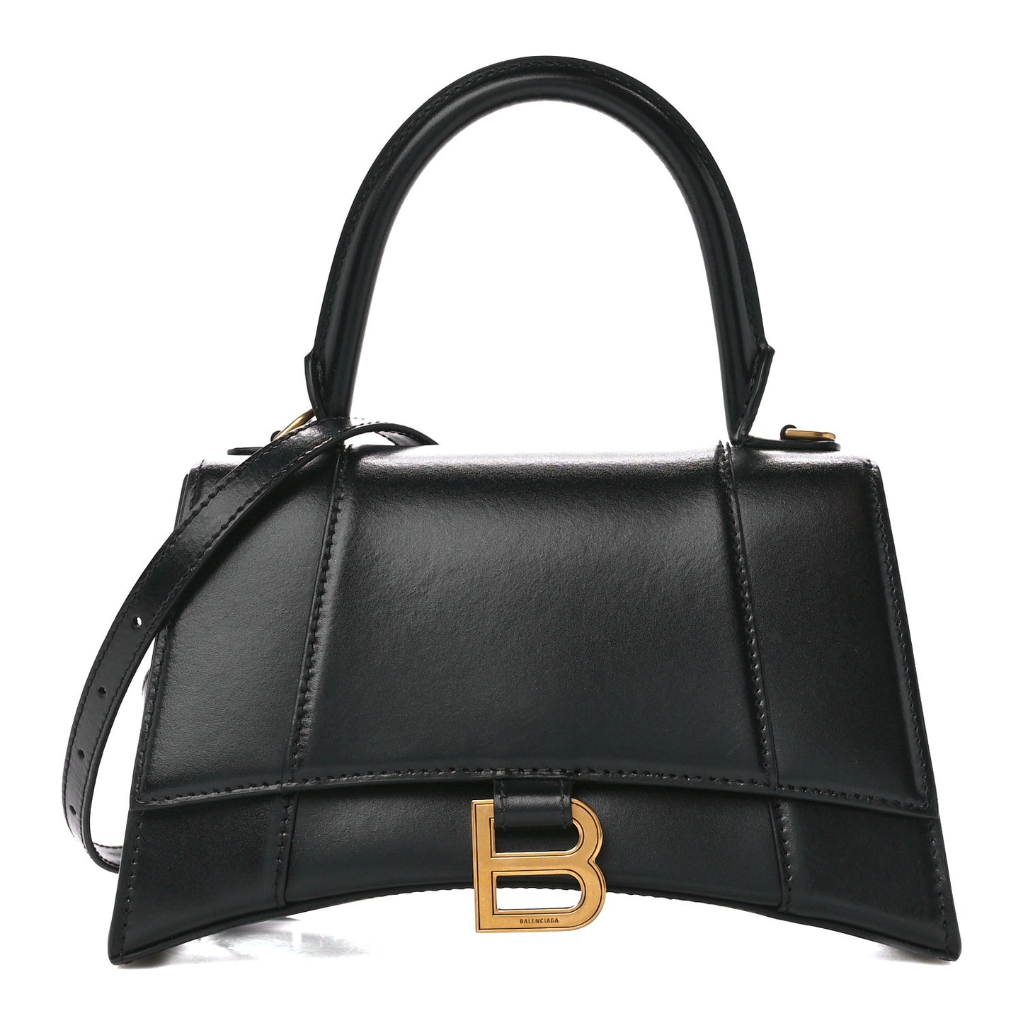 Shiny Box Calfskin Small Hourglass Top Handle Bag Black