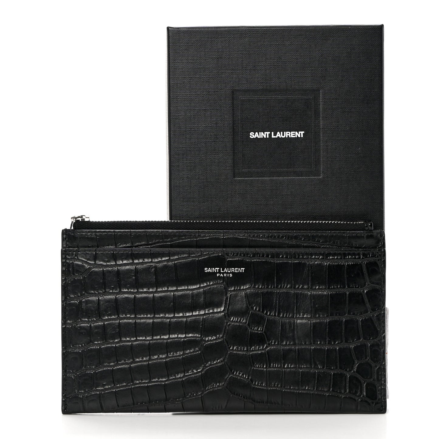 Calfskin Crocodile Embossed Zip Pouch Black