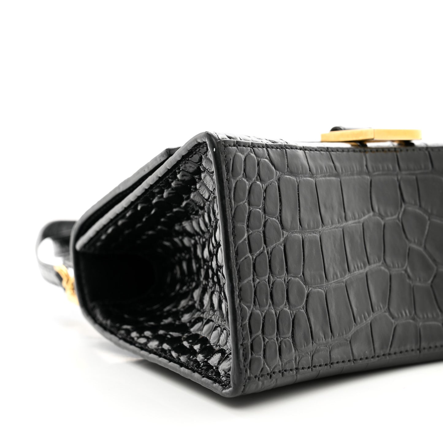 Shiny Calfskin Crocodile Embossed Small Hourglass Top Handle Bag Black