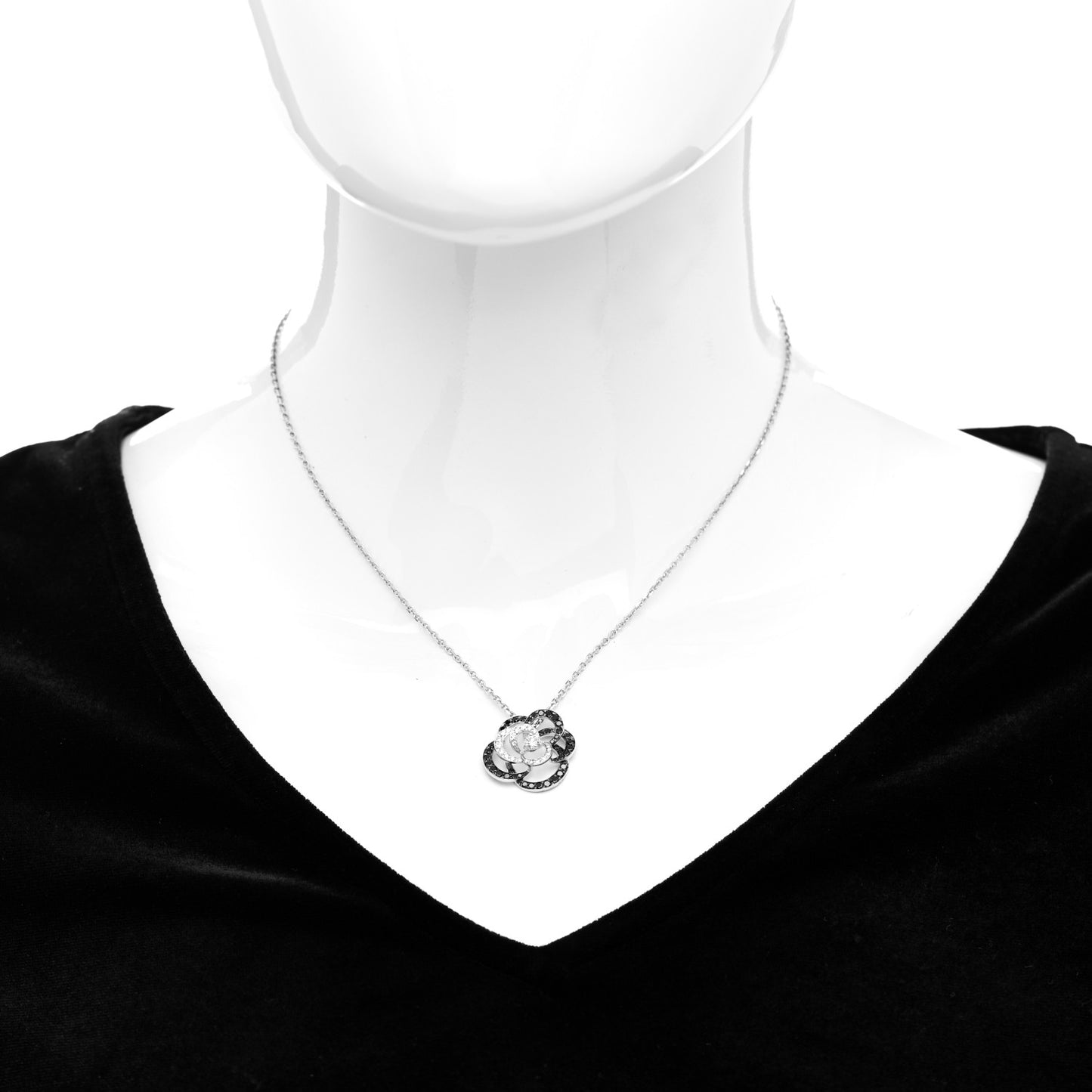 18K White Gold Diamond Black Diamond Small Camelia Pendant Necklace