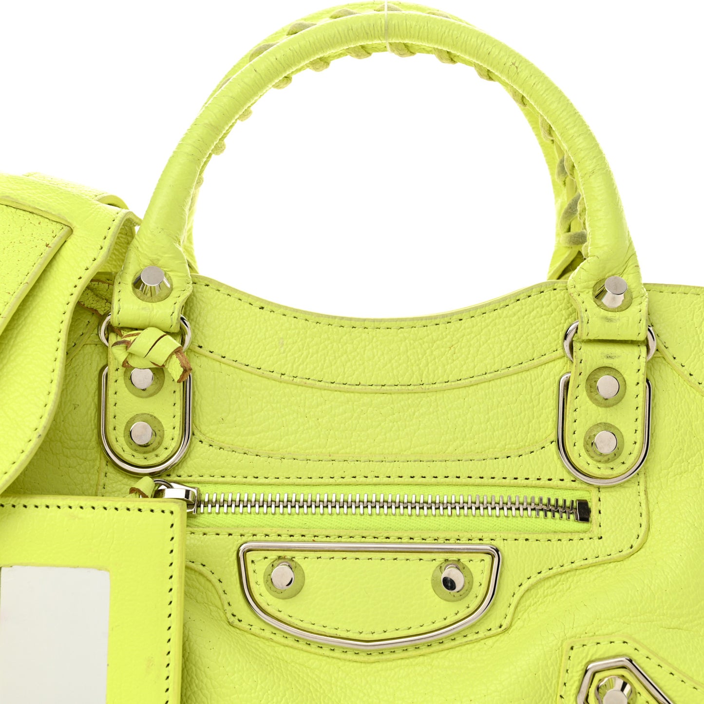 Chevre Silver Metallic Edge Hardware Mini City Acid Green