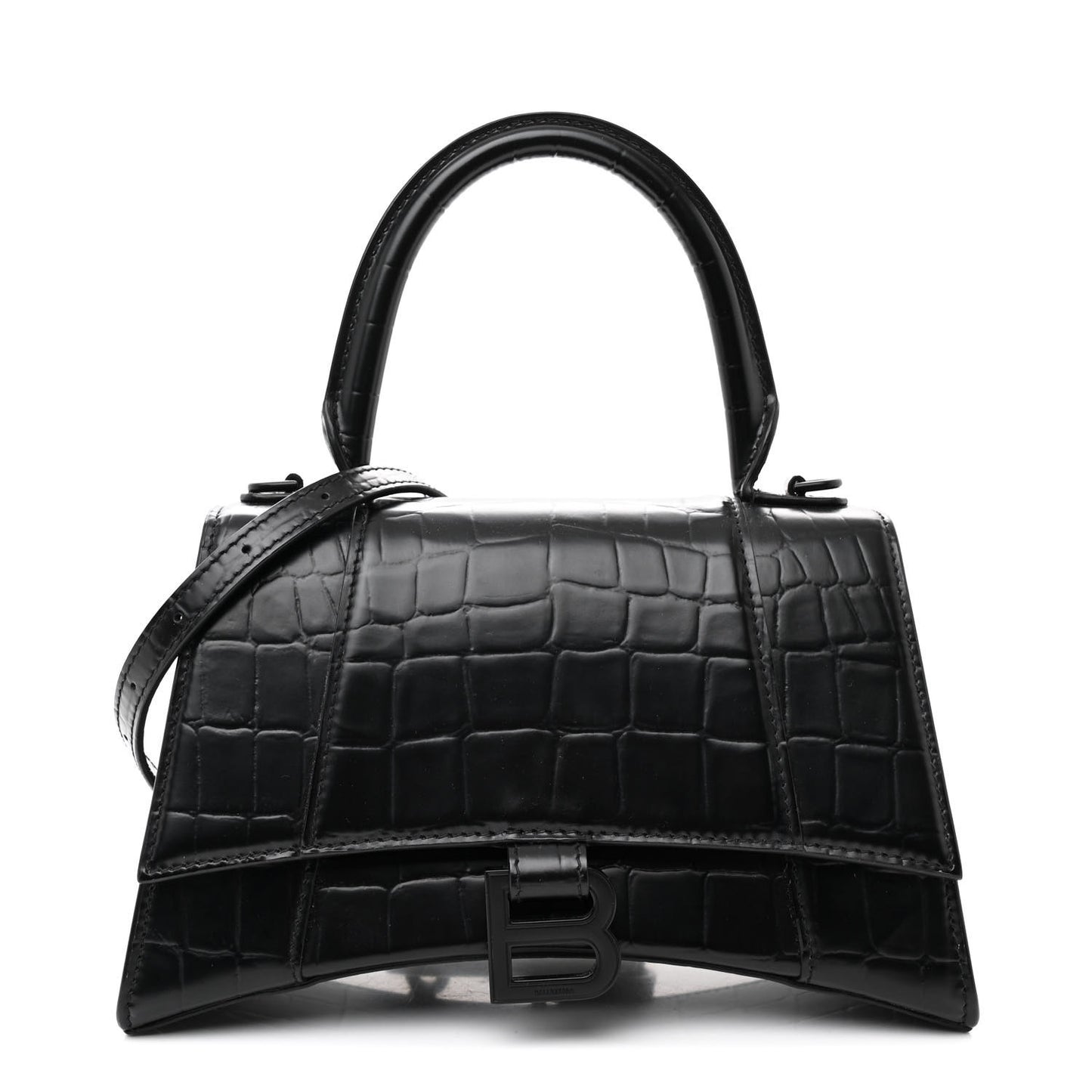 Shiny Calfskin Monochrome Crocodile Embossed Small Hourglass Top Handle Bag Black