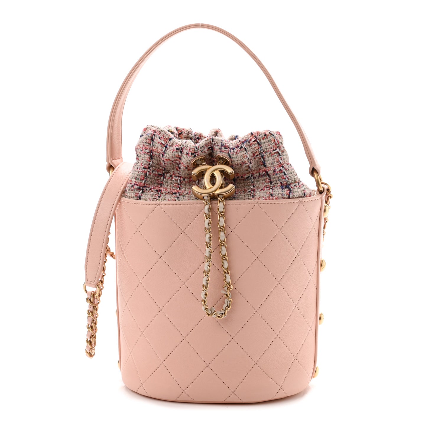 Calfskin Tweed Small CC Chain Bucket Drawstring Bag Light Pink