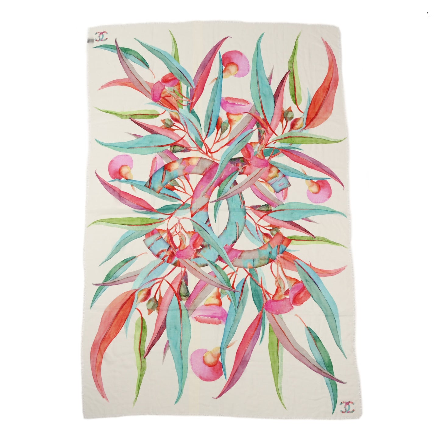 Cashmere Silk Floral Print CC Fringe Scarf Multicolor