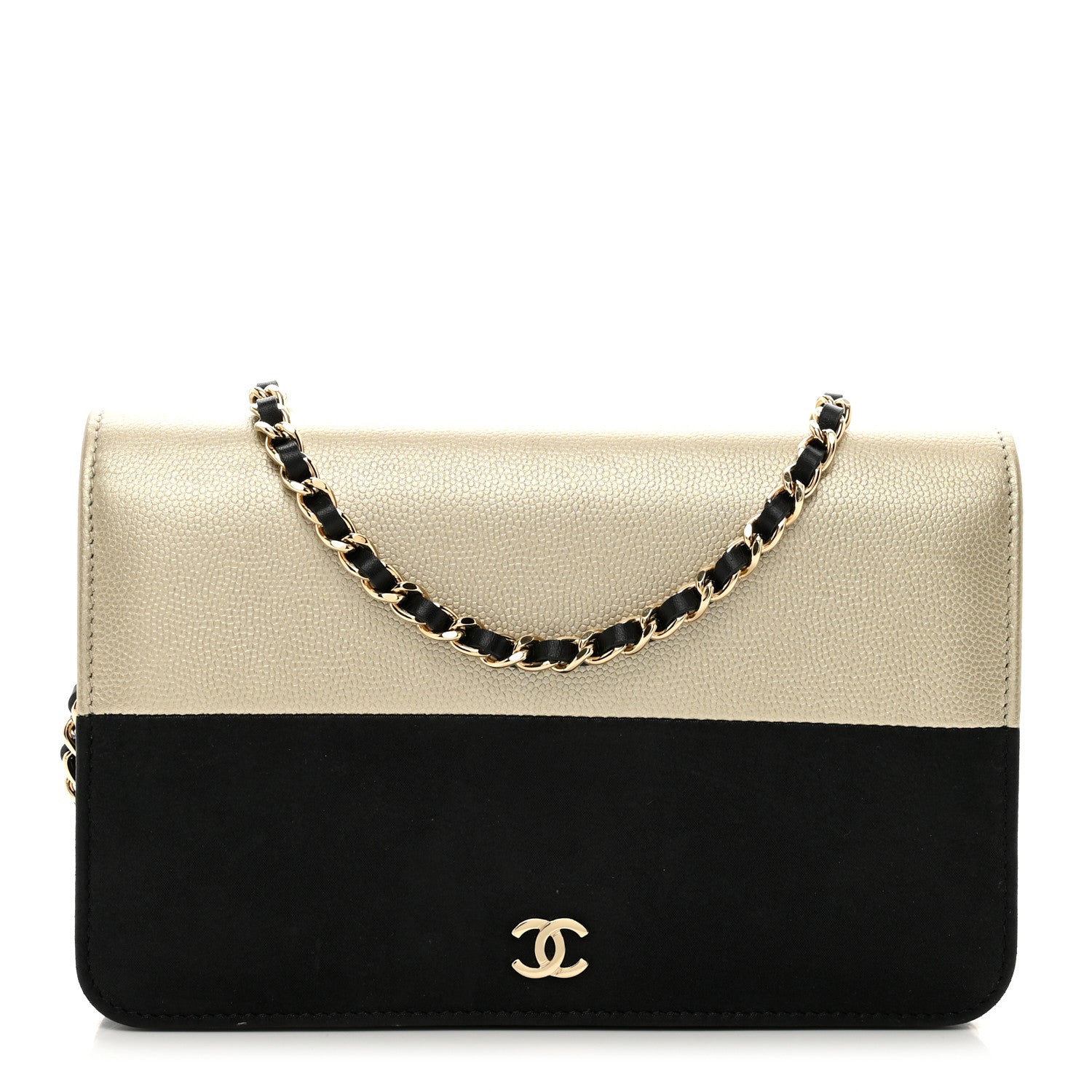 Chanel Metallic Caviar Suede Wallet On Chain WOC Gold Black 1 of 12