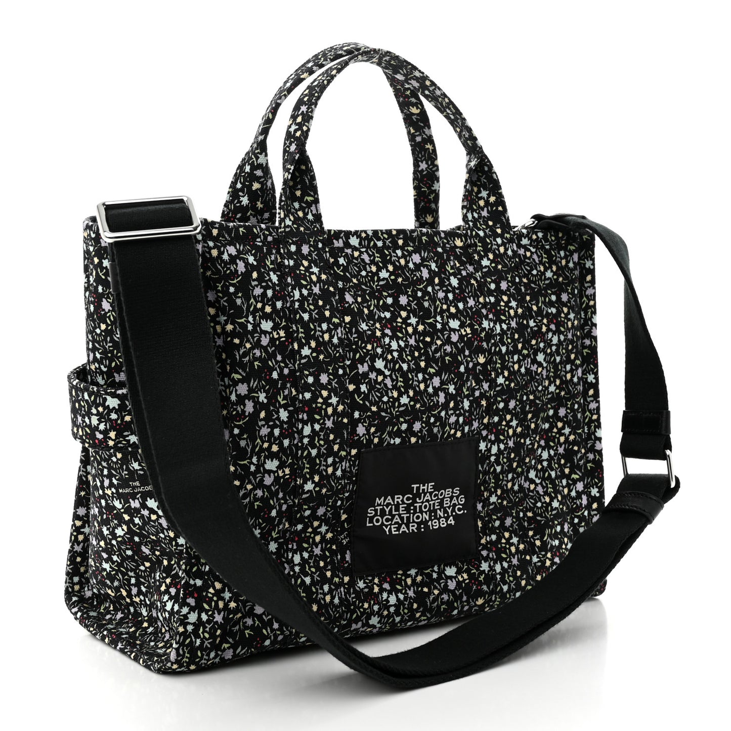 Cotton Canvas Floral Print Medium The Traveler Tote Bag Black