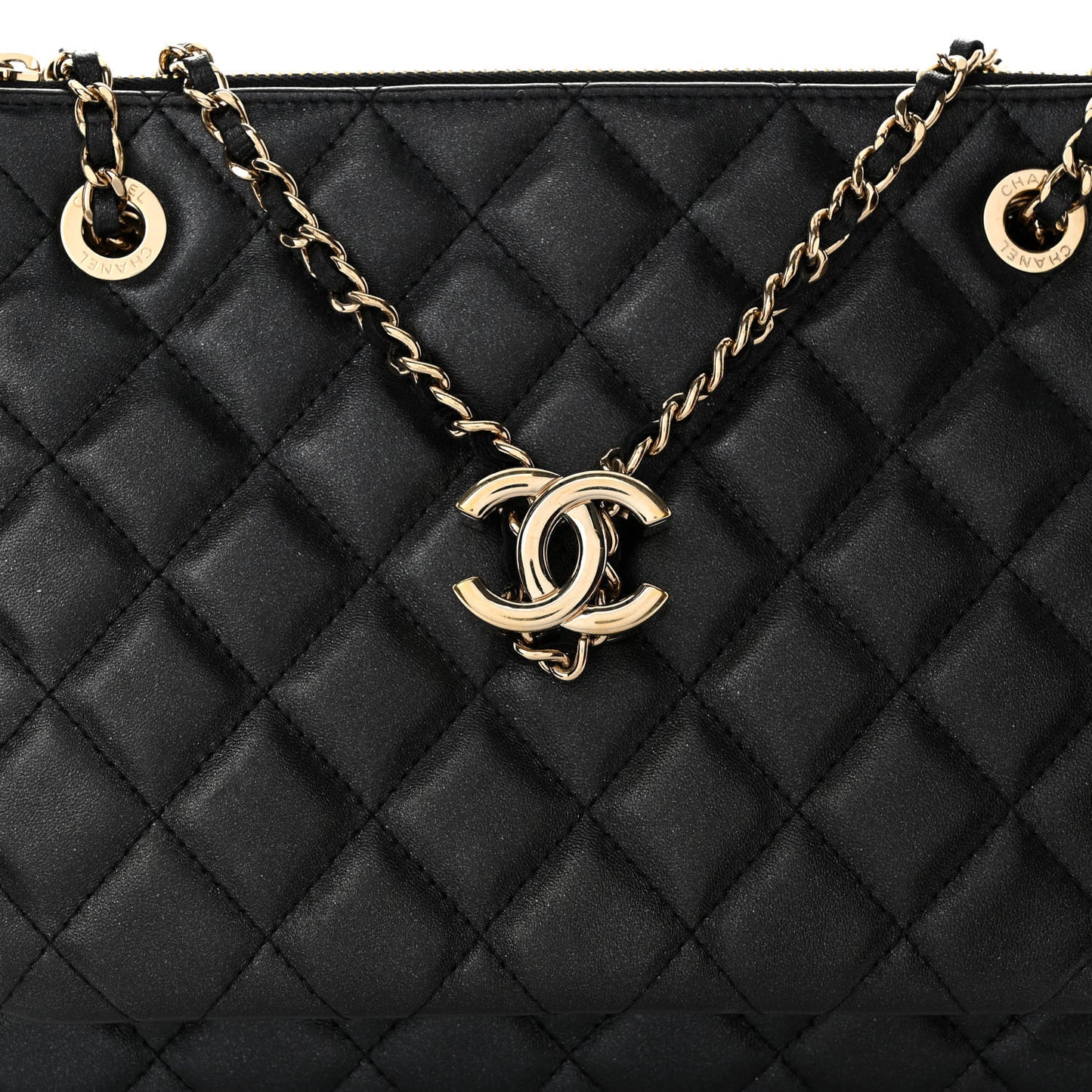 Shiny Lambskin Quilted Medium Double Case With Strap Black