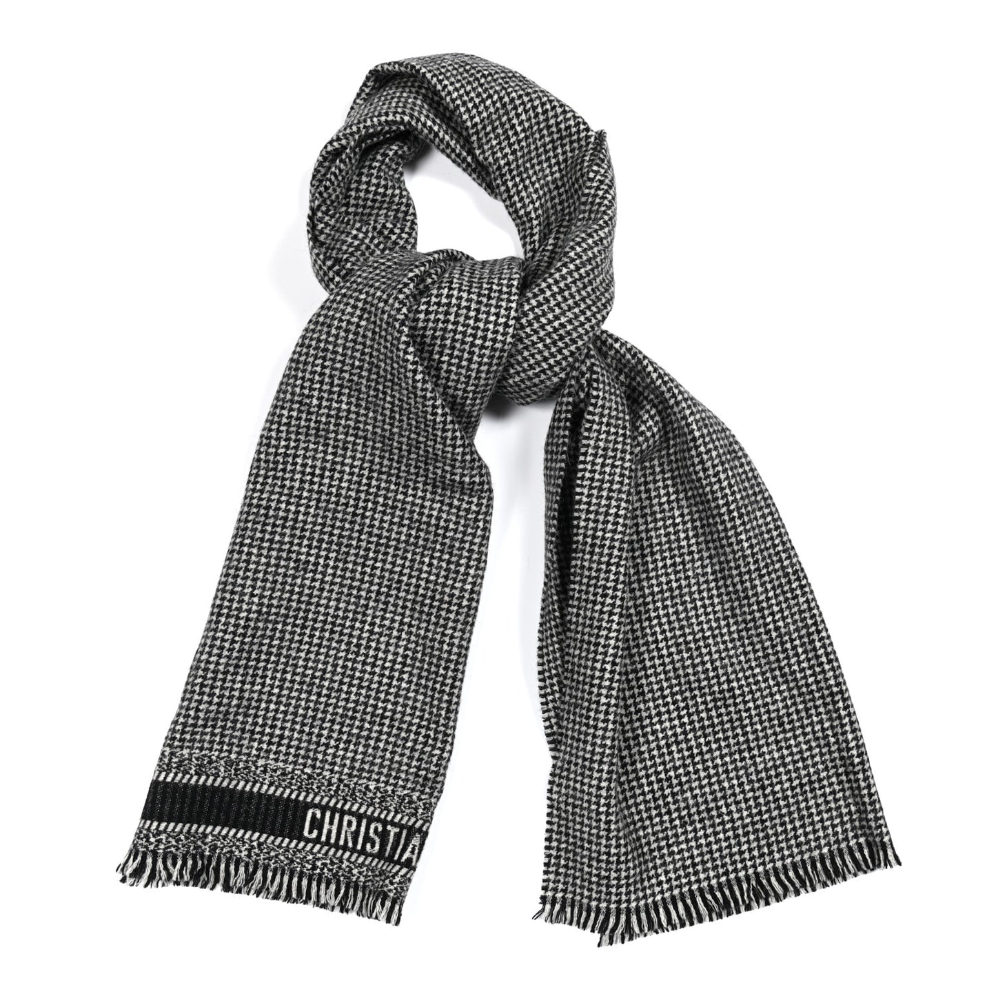 Wool Alpaca Houndstooth Fringe Scarf Black