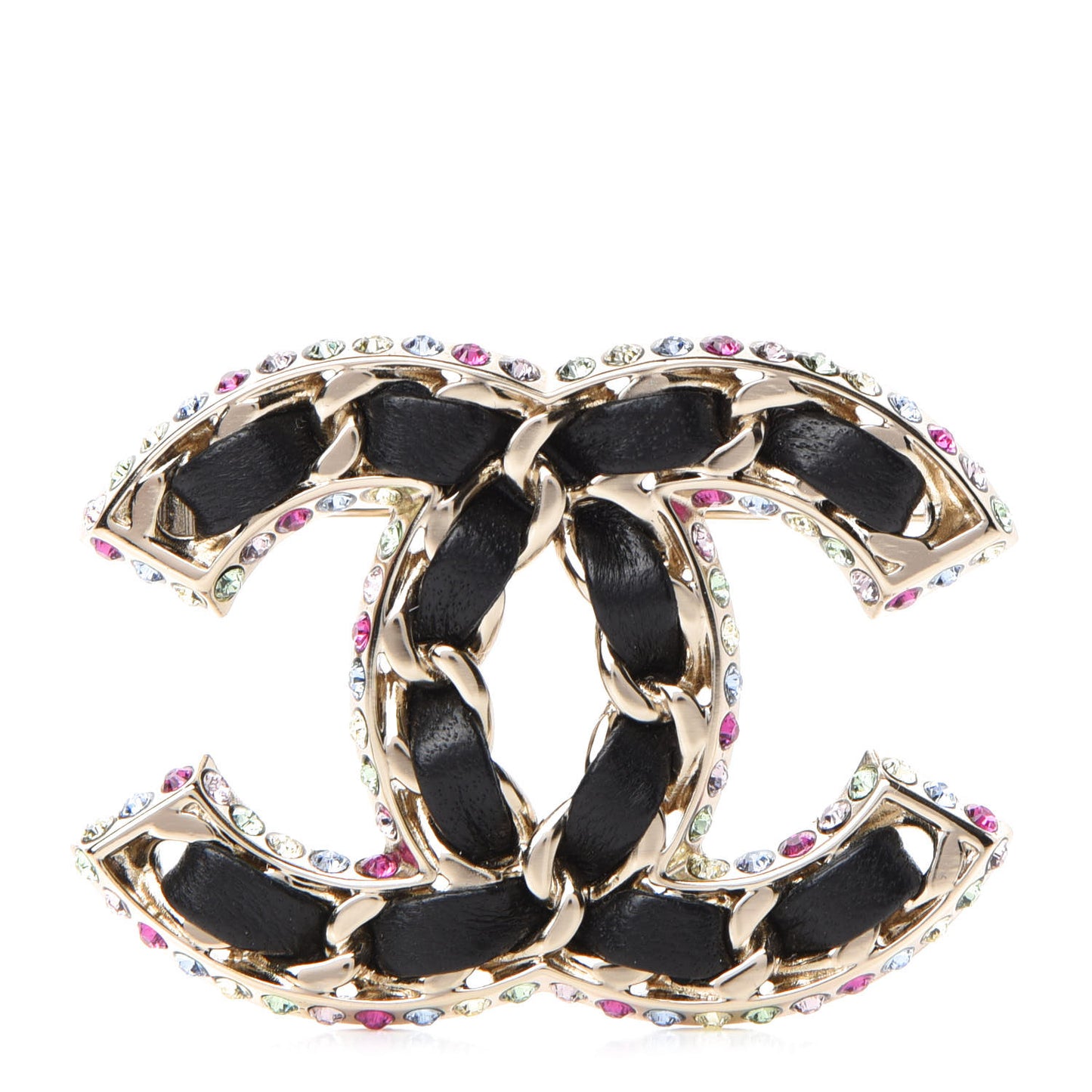 Lambskin Crystal CC Chain Brooch Black Gold Multicolor