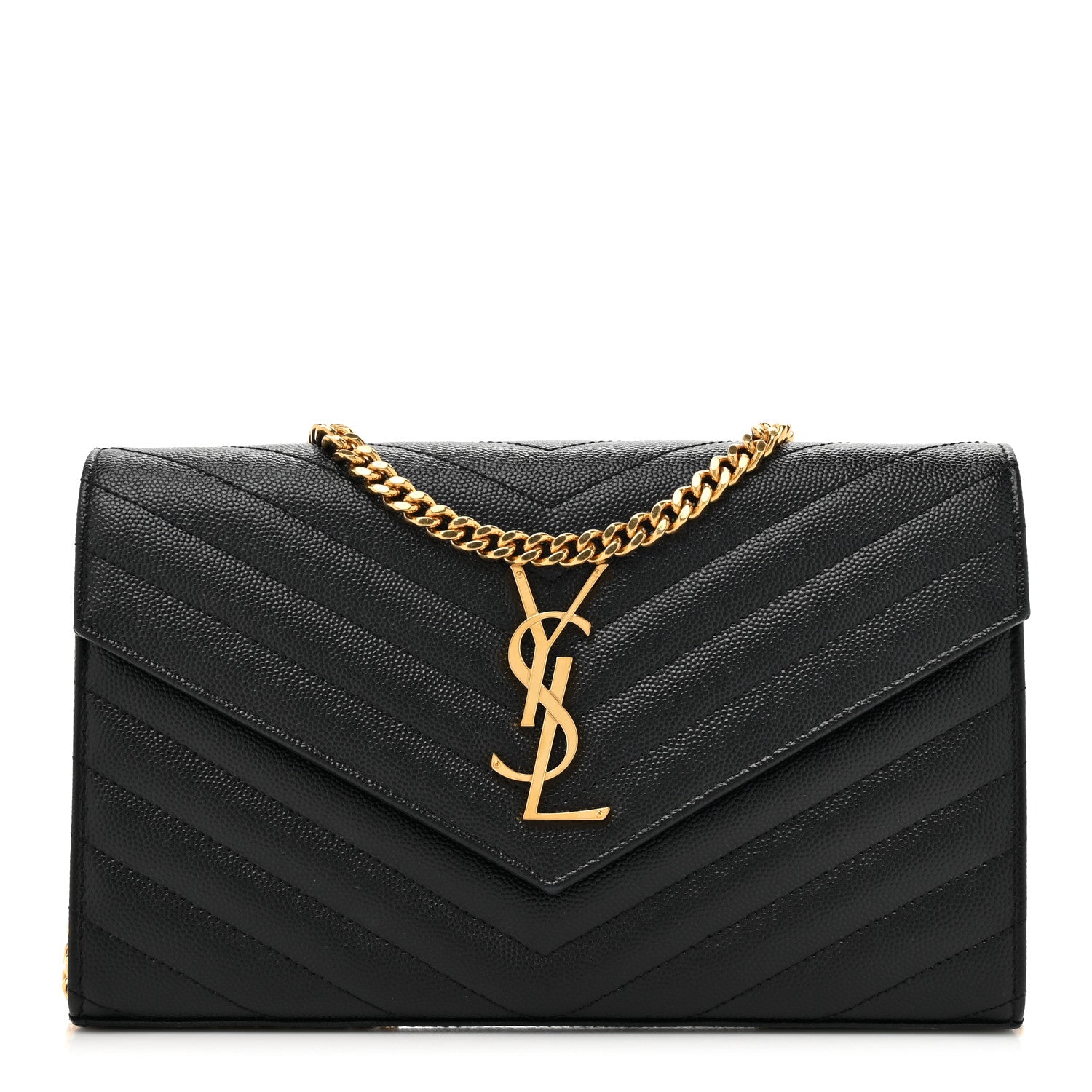 Saint Laurent Grain De Poudre Matelasse Chevron Monogram Chain Wallet Black 1 of 12