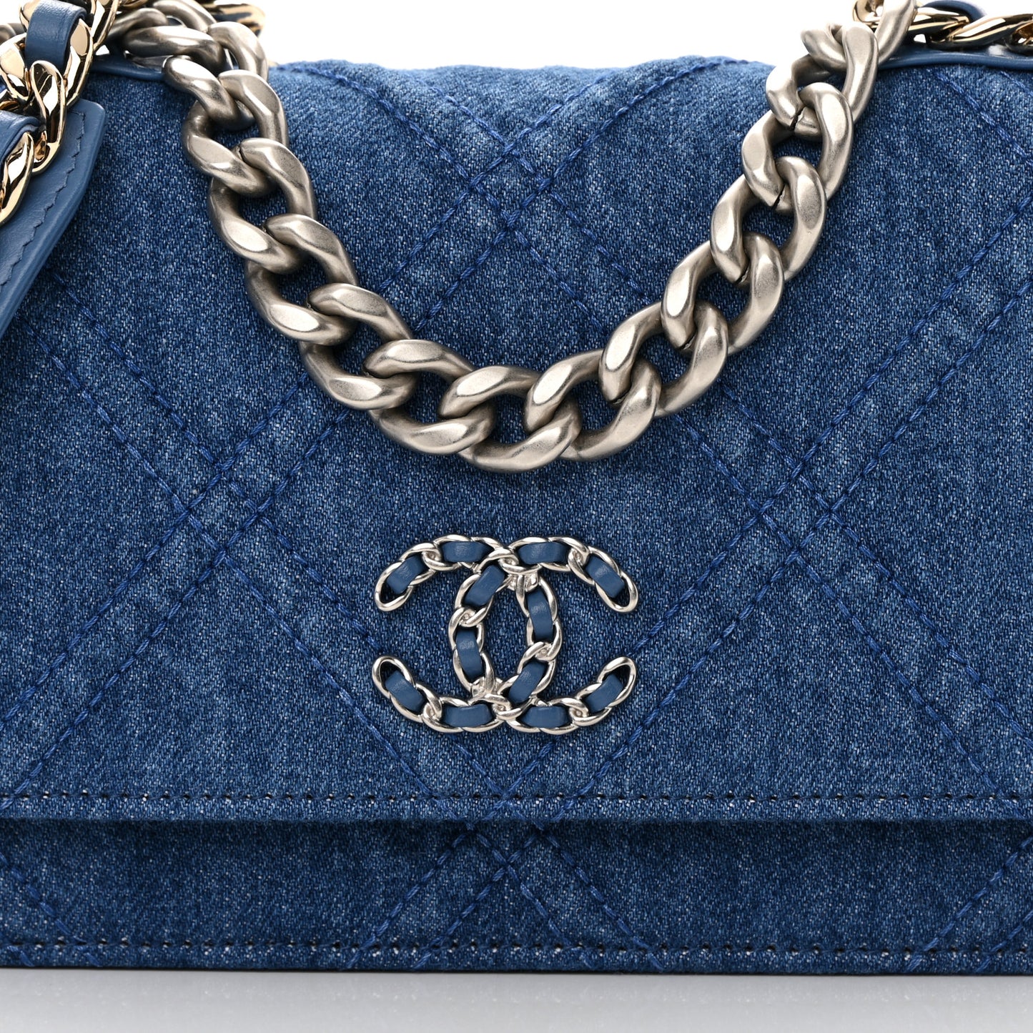 Denim Quilted Chanel 19 Wallet On Chain WOC Blue