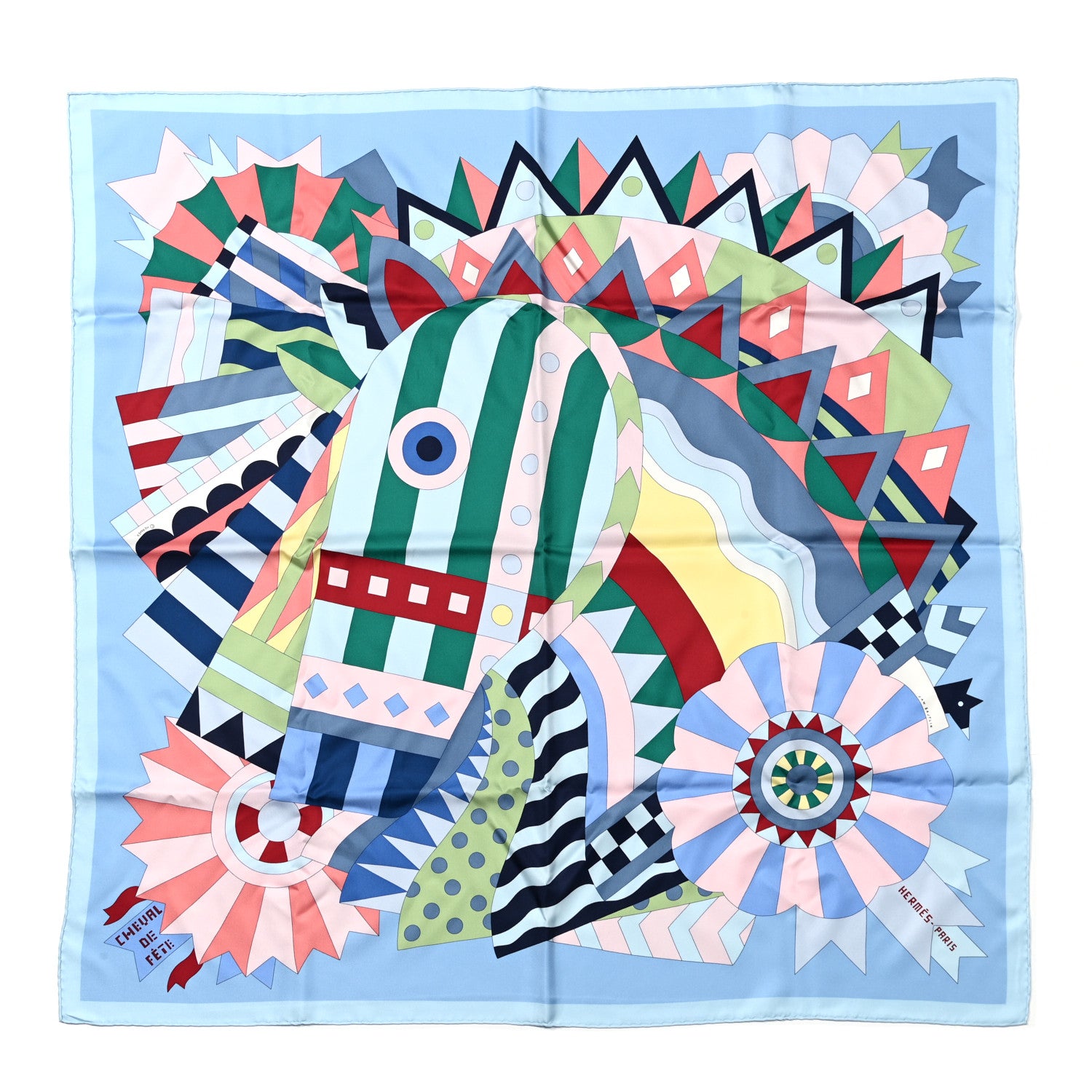 Hermes Silk Cheval de Fette Scarf 90 Bleu Ciel Vert Rose 1 of 6